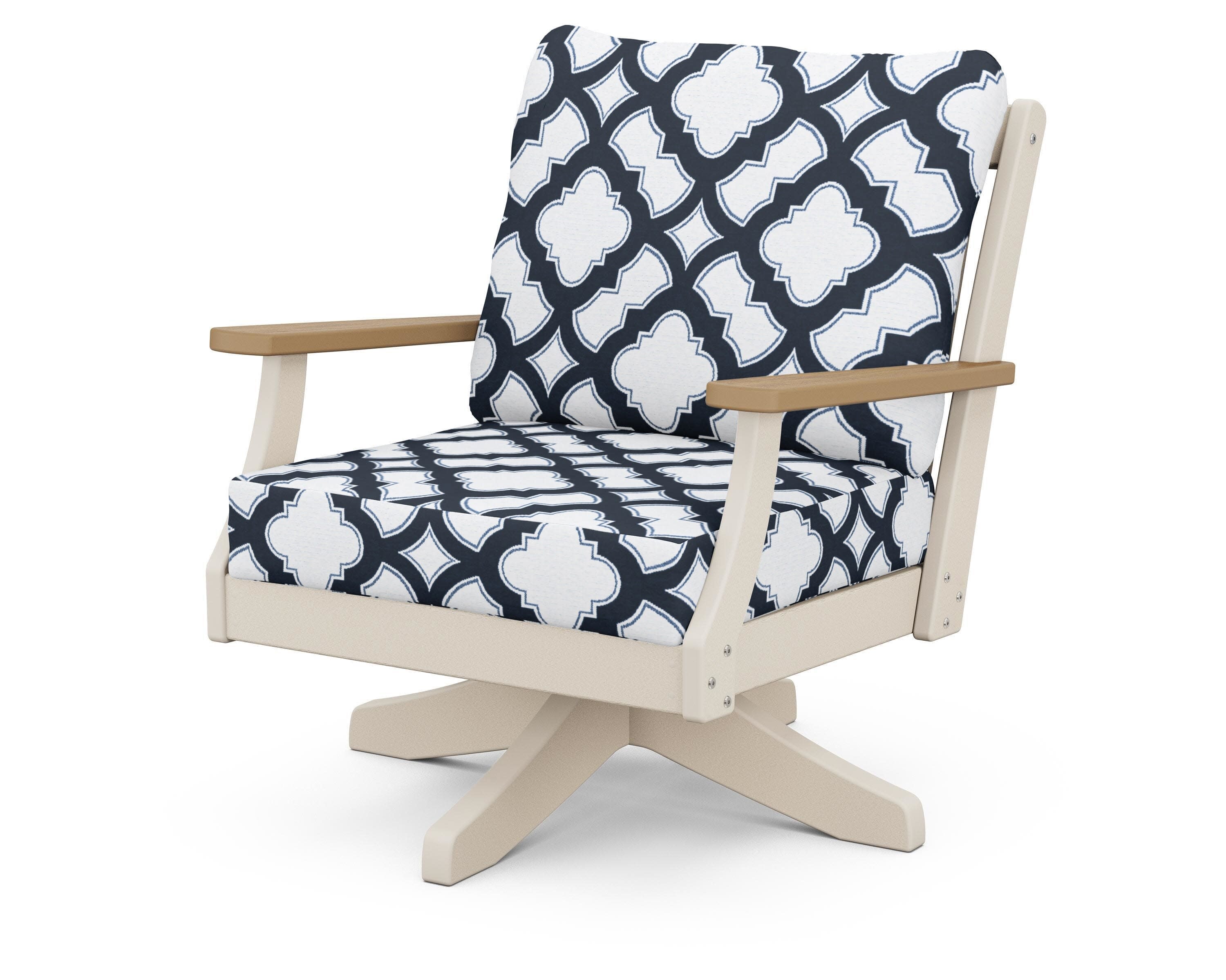 Braxton Deep Seating Swivel Chair in Sand / Natural / Trellis Marine Indigo