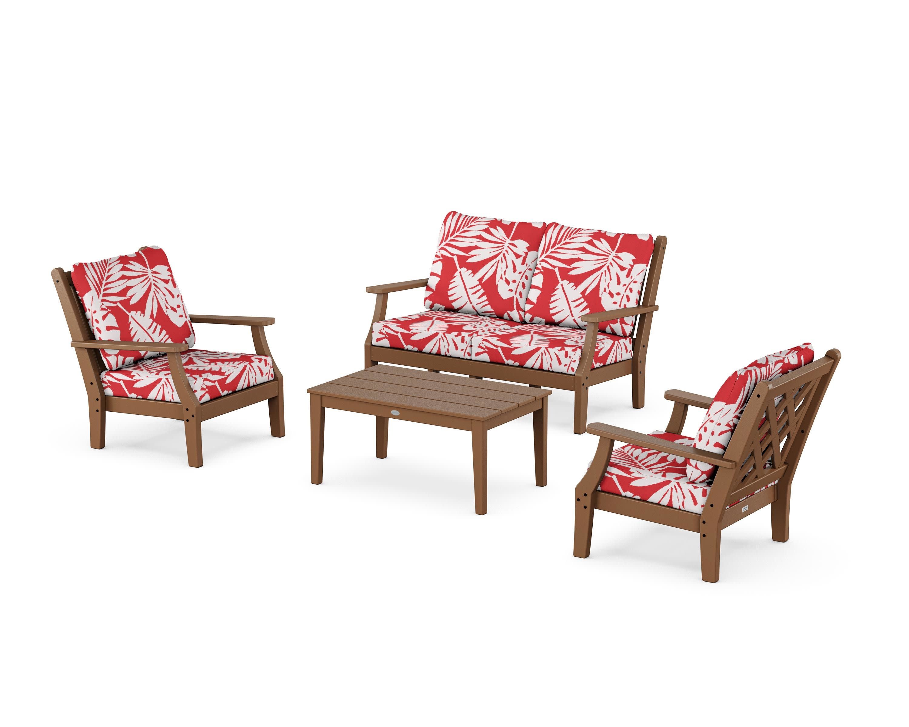 Wovendale 4-Piece Deep Seating Set with Loveseat in Teak / Leaf Crimson