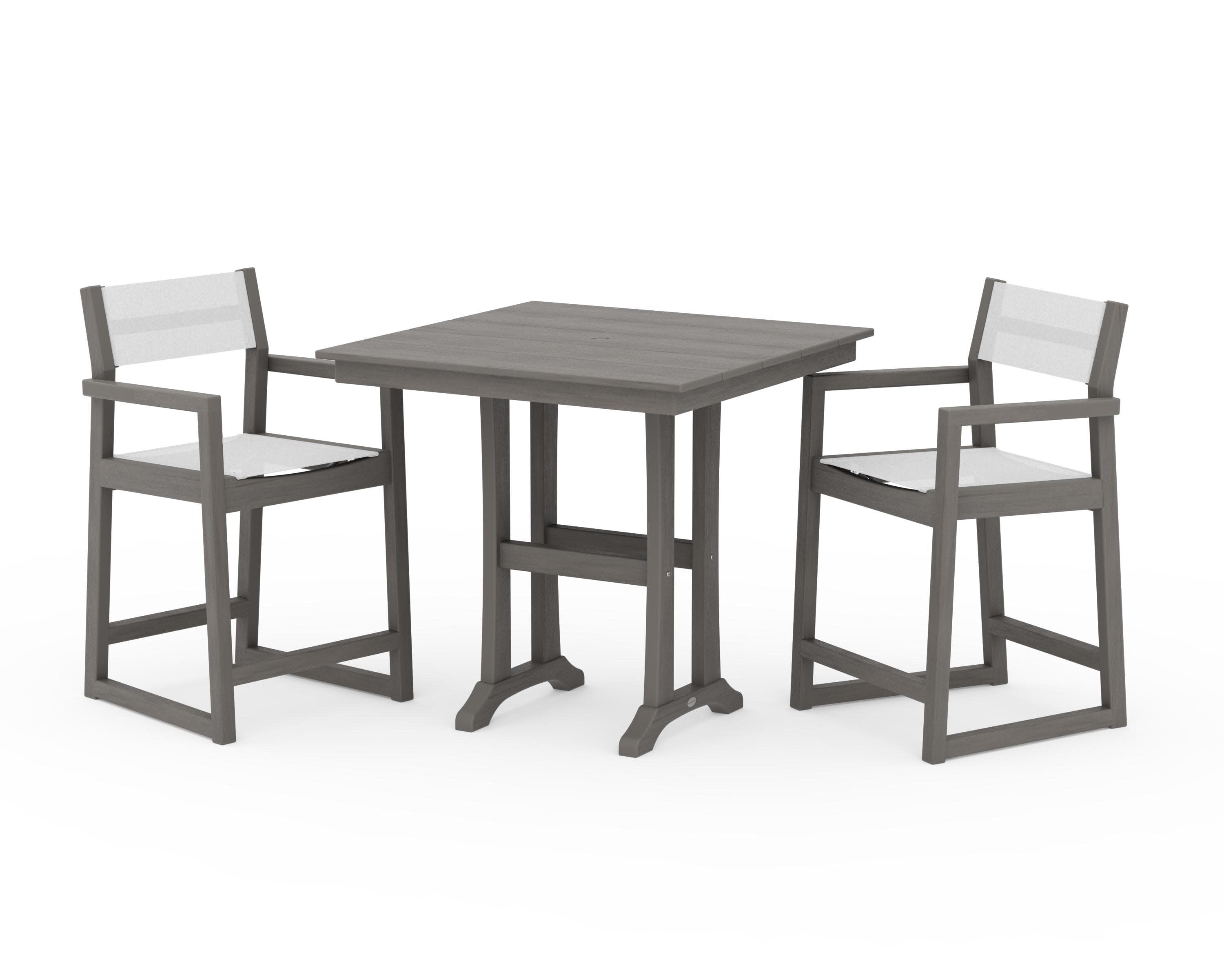 EDGE Sling Arm Chair 3-Piece Farmhouse Counter Set with Trestle Legs in Driftwood / White Sling