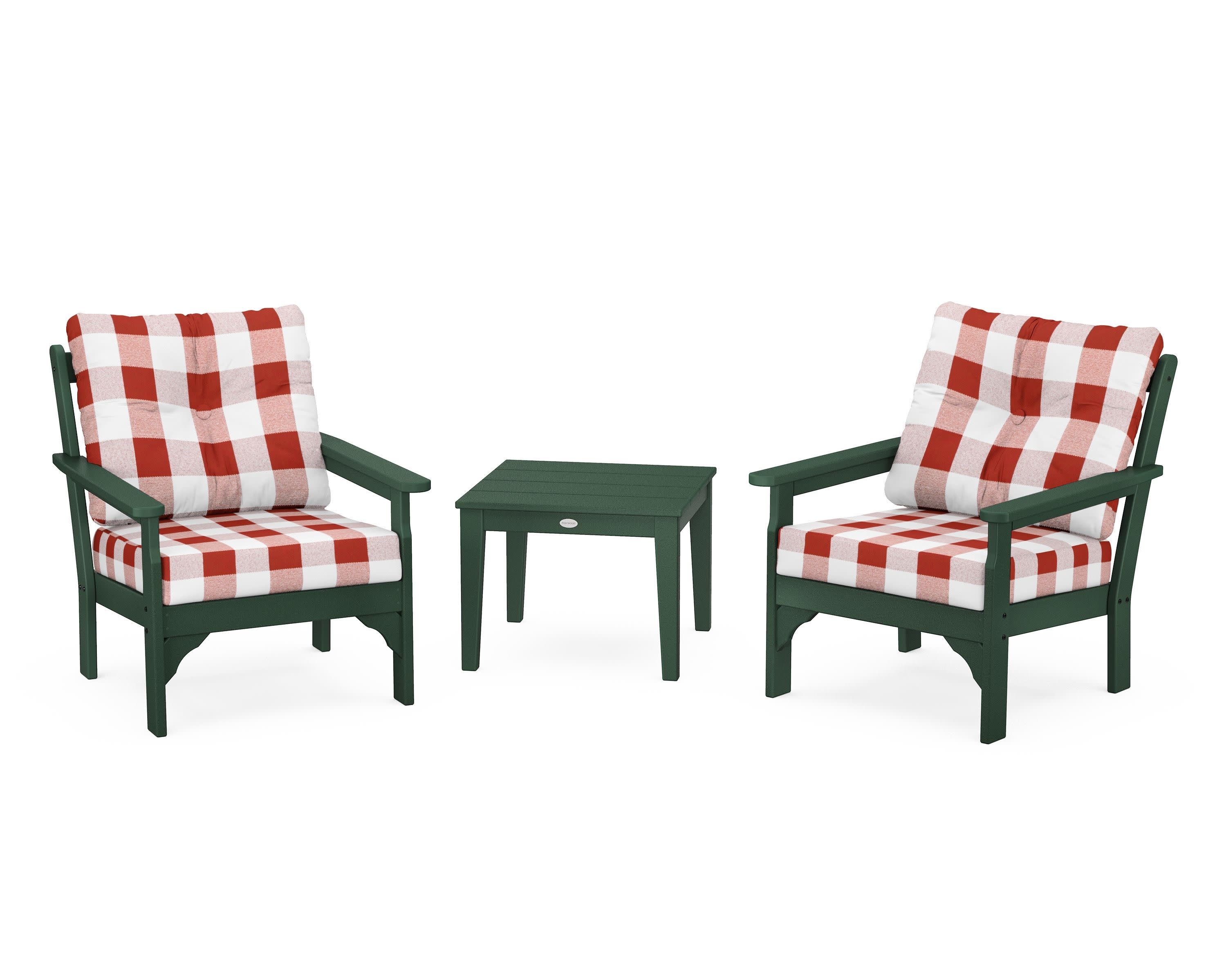 Vineyard 3-Piece Deep Seating Set in Green / Buffalo Plaid Crimson