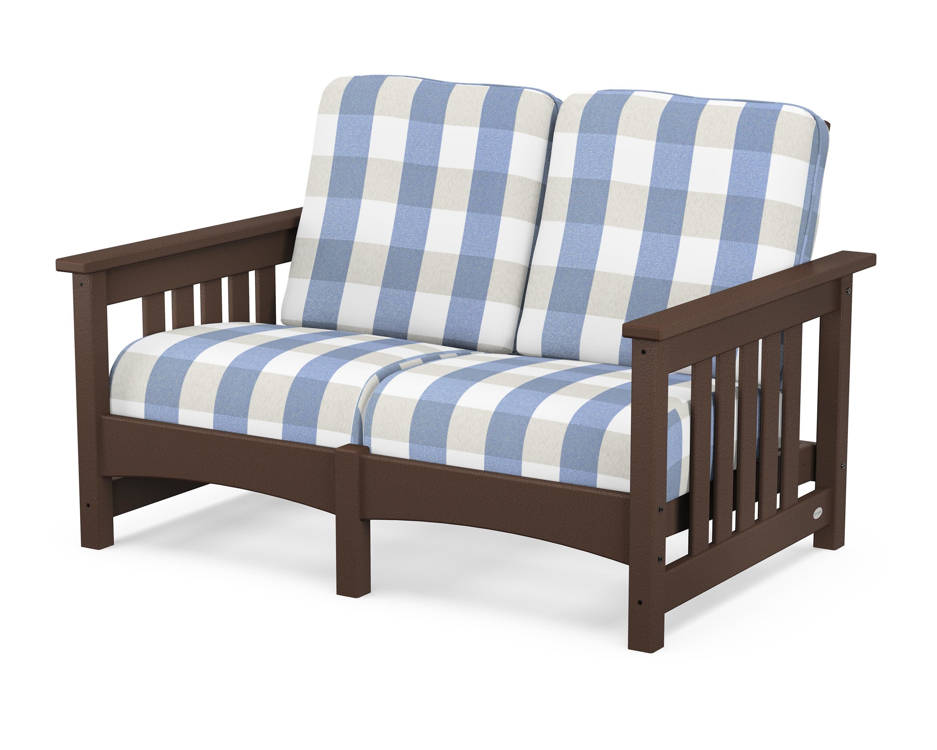 Club Mission Loveseat in Mahogany / Buffalo Plaid Sky Blue