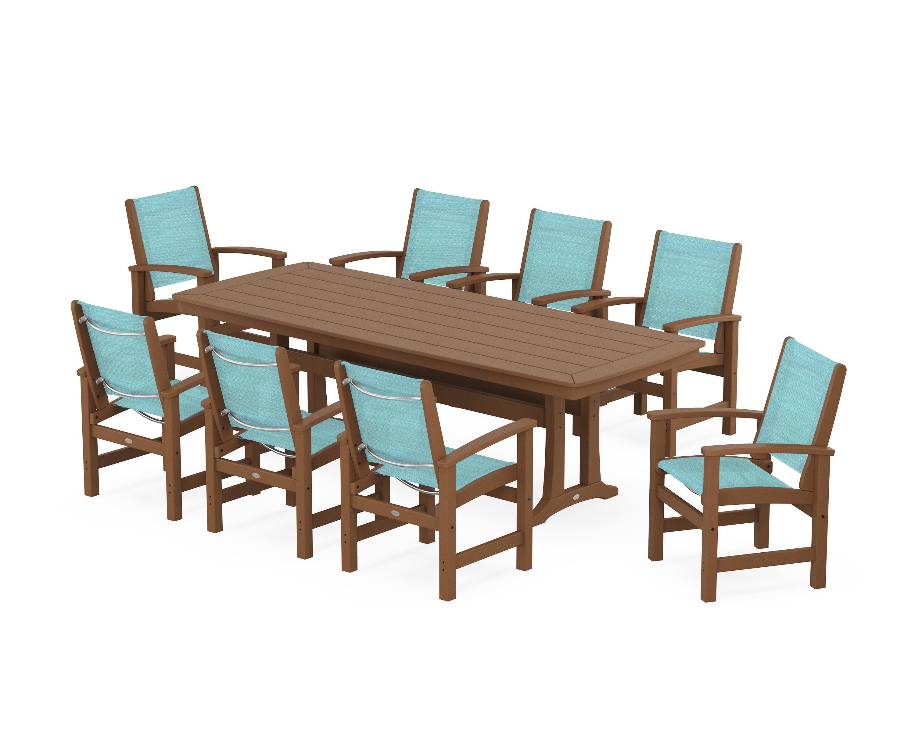 Coastal 9-Piece Dining Set with Trestle Legs in Teak / Dupioni Aquamarine Sling