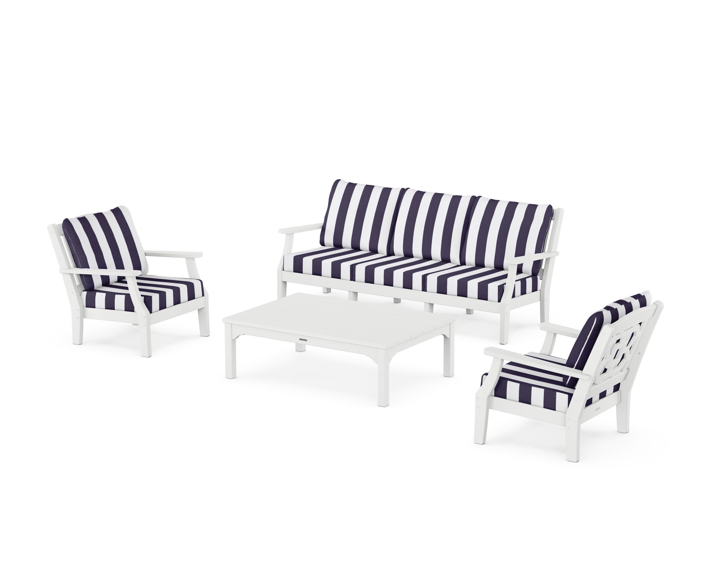 Chinoiserie 4-Piece Deep Seating Set with Sofa in White / Cabana Stripe Navy