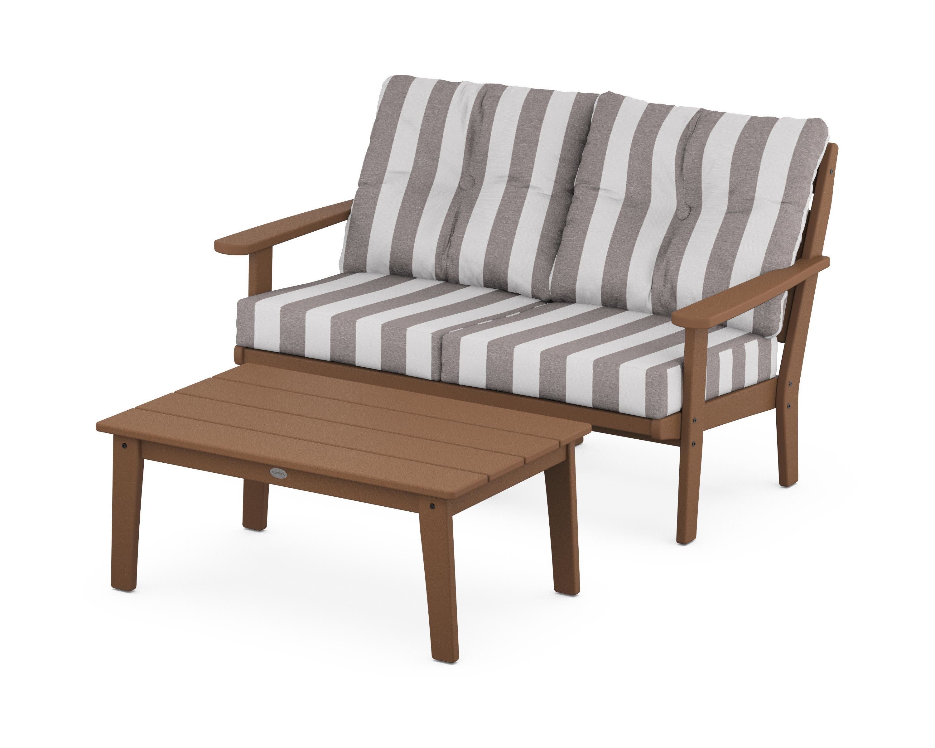 Lakeside 2-Piece Lounge Loveseat Set in Teak / Cabana Stripe Grey Mist