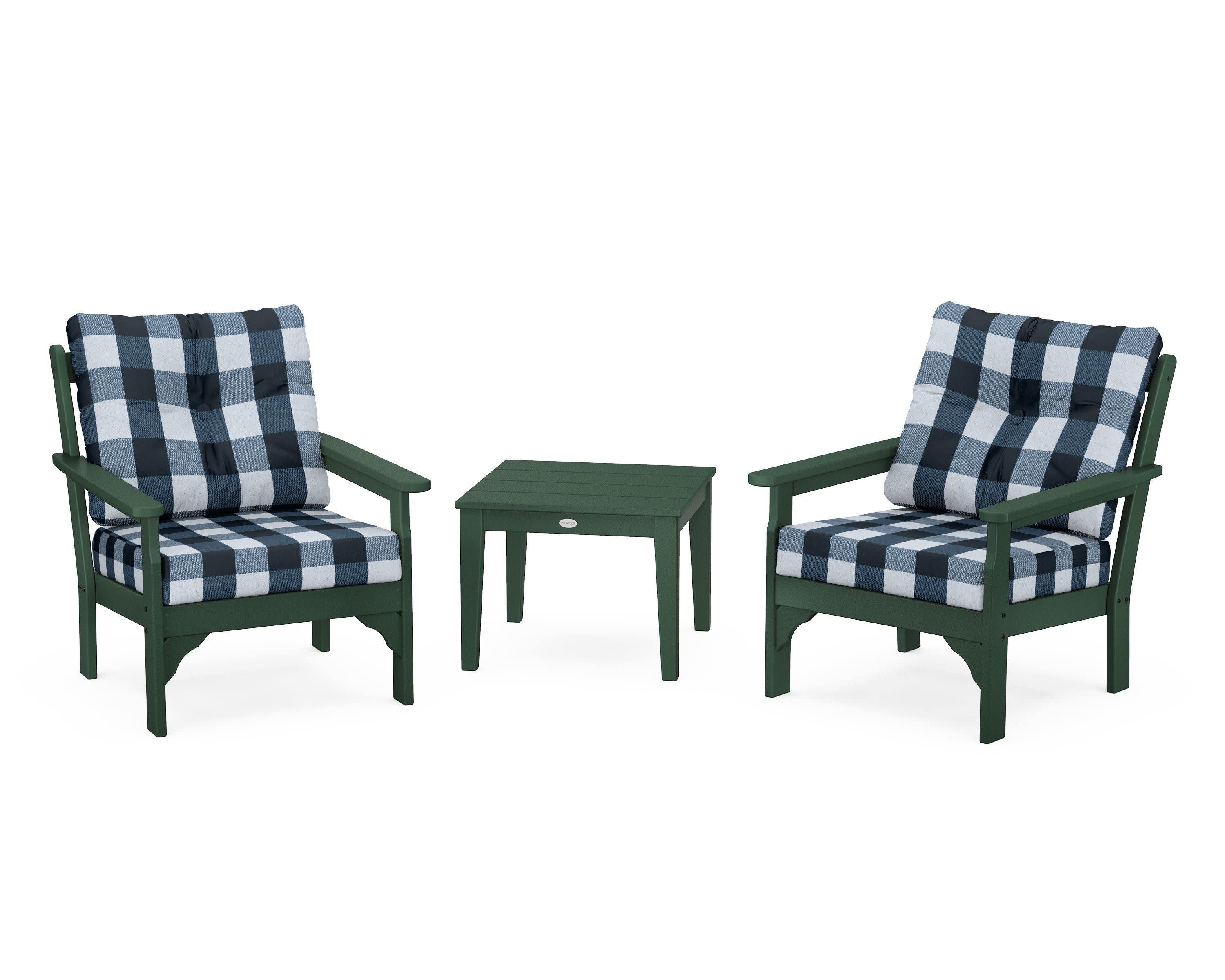 Vineyard 3-Piece Deep Seating Set in Green / Buffalo Plaid Marine Indigo
