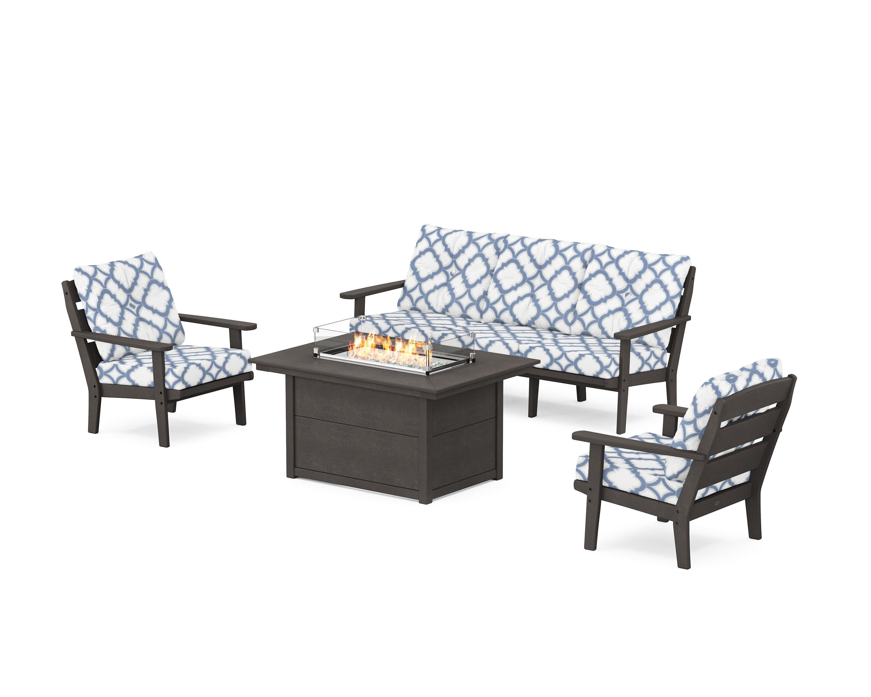 Lakeside Deep Seating Fire Pit Table Set in Vintage Coffee / Trellis Sky Blue