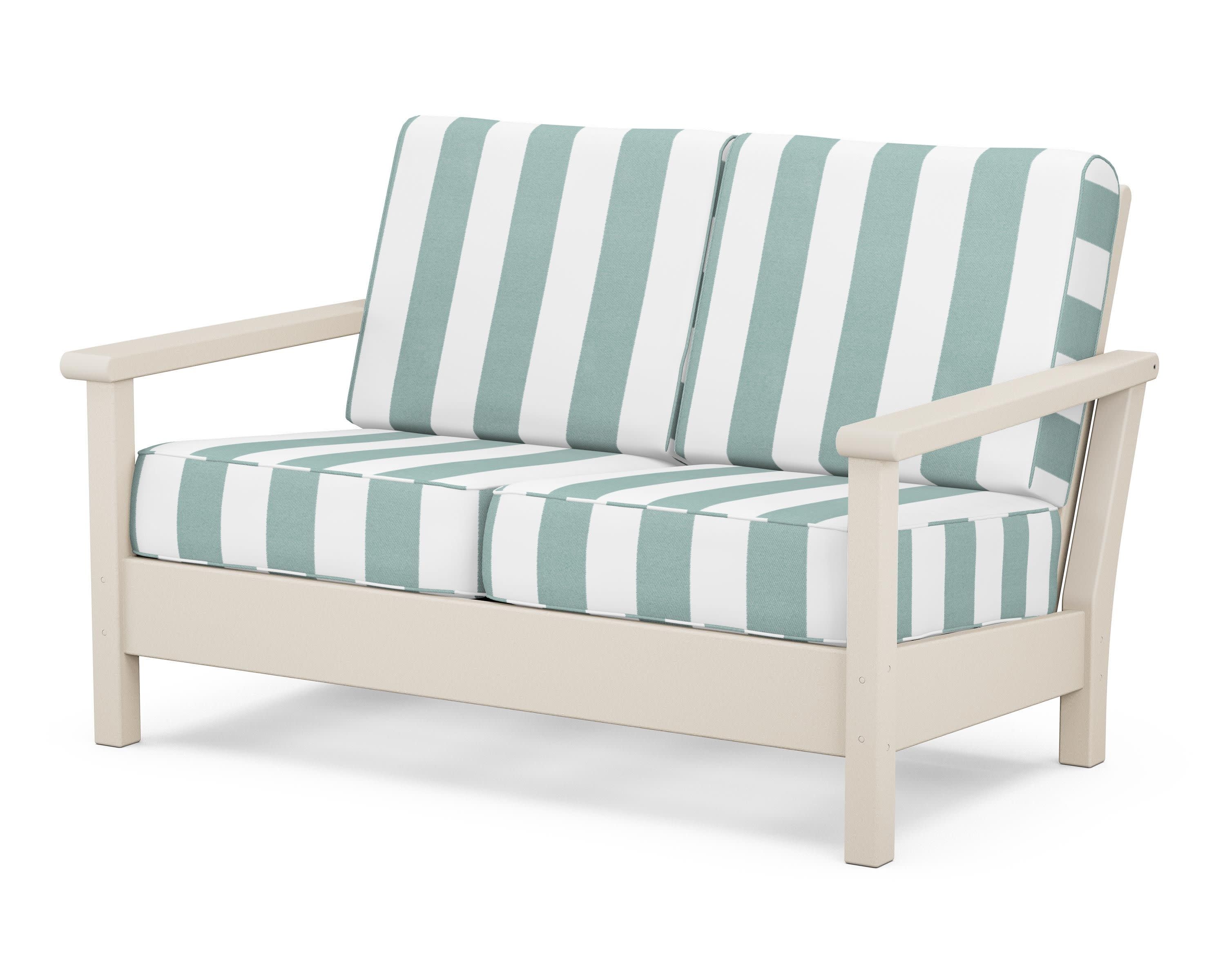 Harbour Deep Seating Loveseat in Sand / Cabana Stripe Glacier Spa