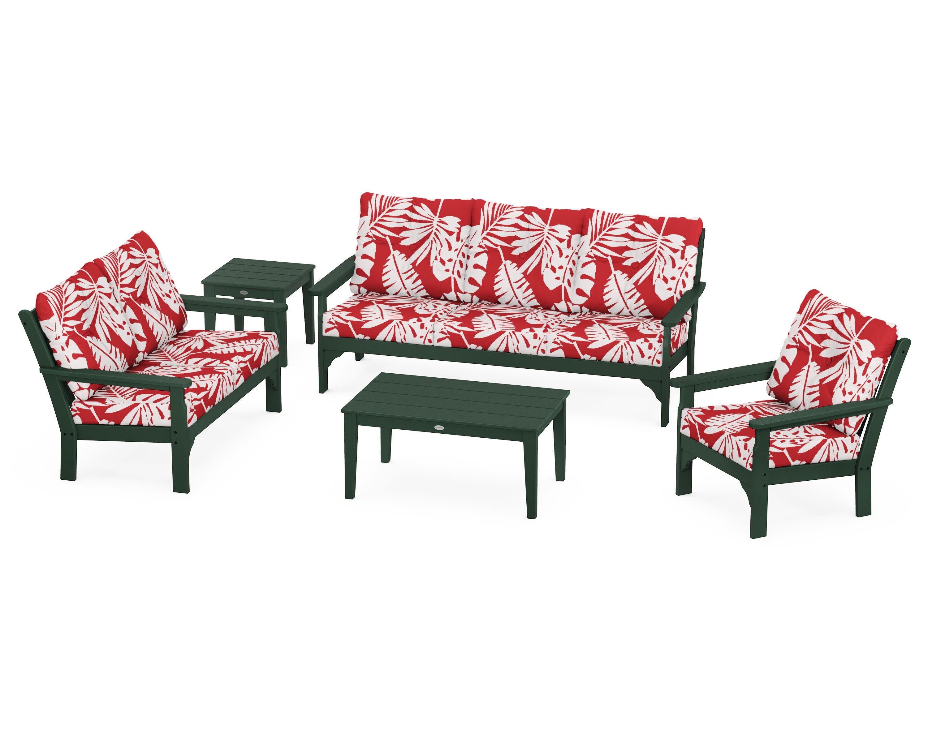 Vineyard 5 Piece Deep Seating Set in Green / Leaf Crimson