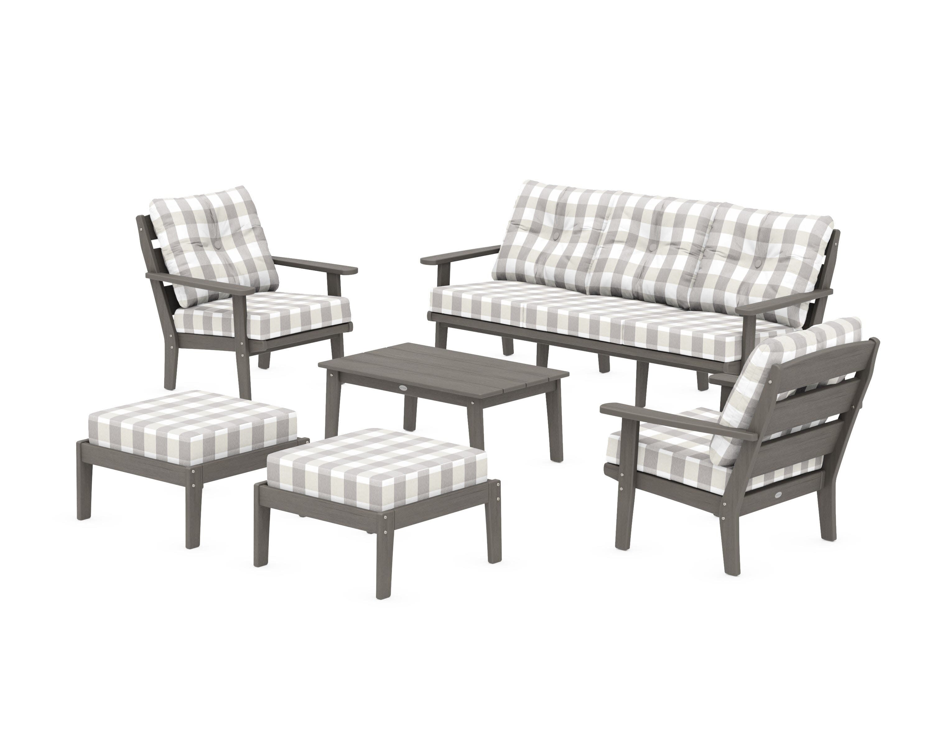 Lakeside 6-Piece Lounge Sofa Set in Driftwood / Buffalo Plaid Grey Mist