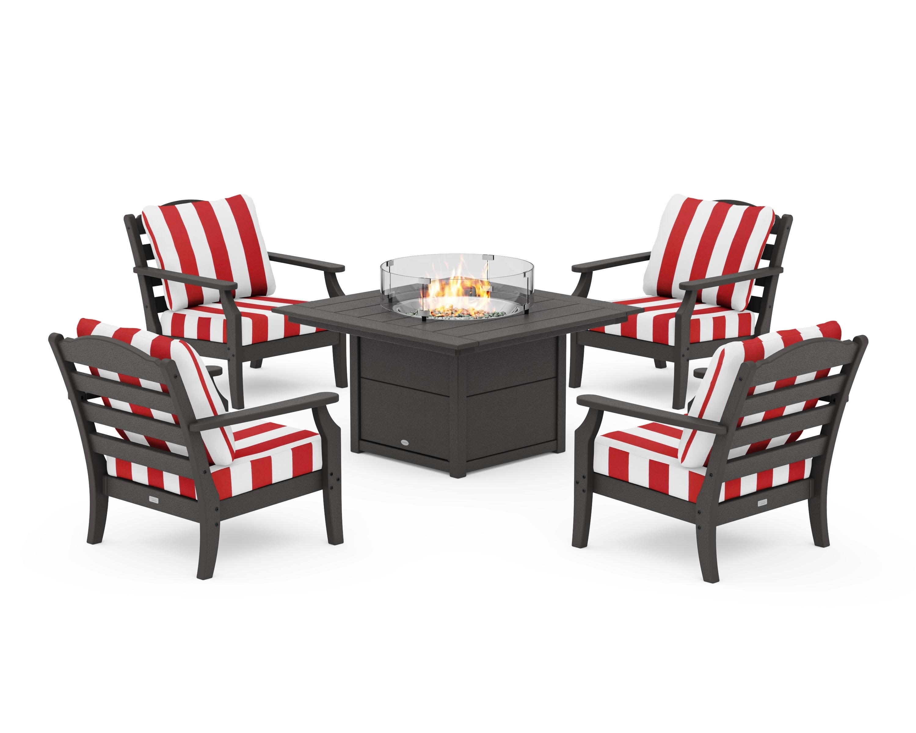 Savannah 5-Piece Deep Seating Set with Fire Pit Table in Vintage Coffee / Cabana Stripe Crimson