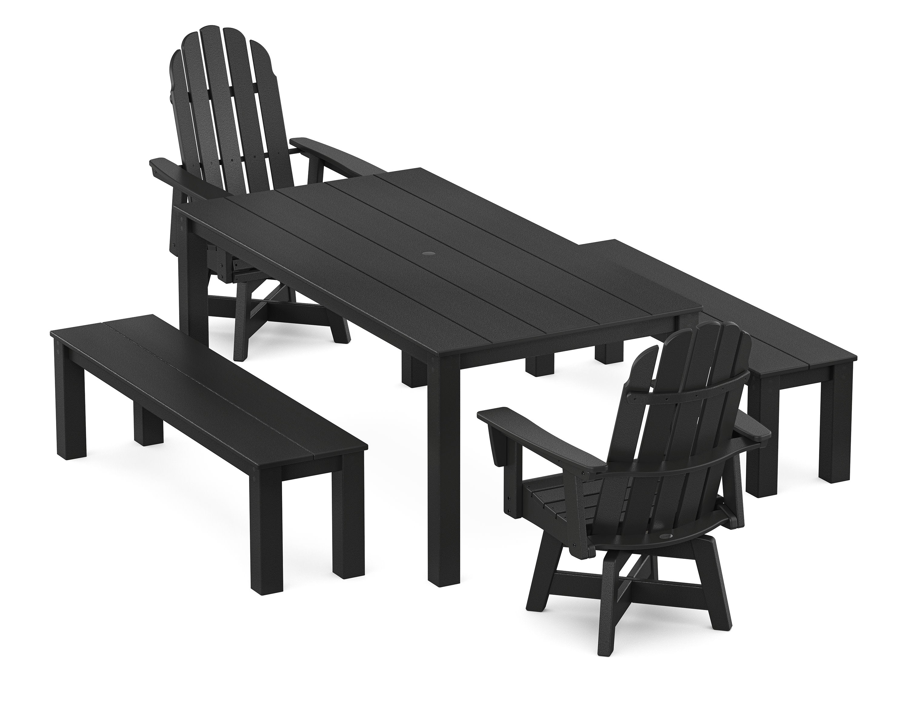 Vineyard Curveback Adirondack 5-Piece Parsons Swivel Dining Set with Benches in Black