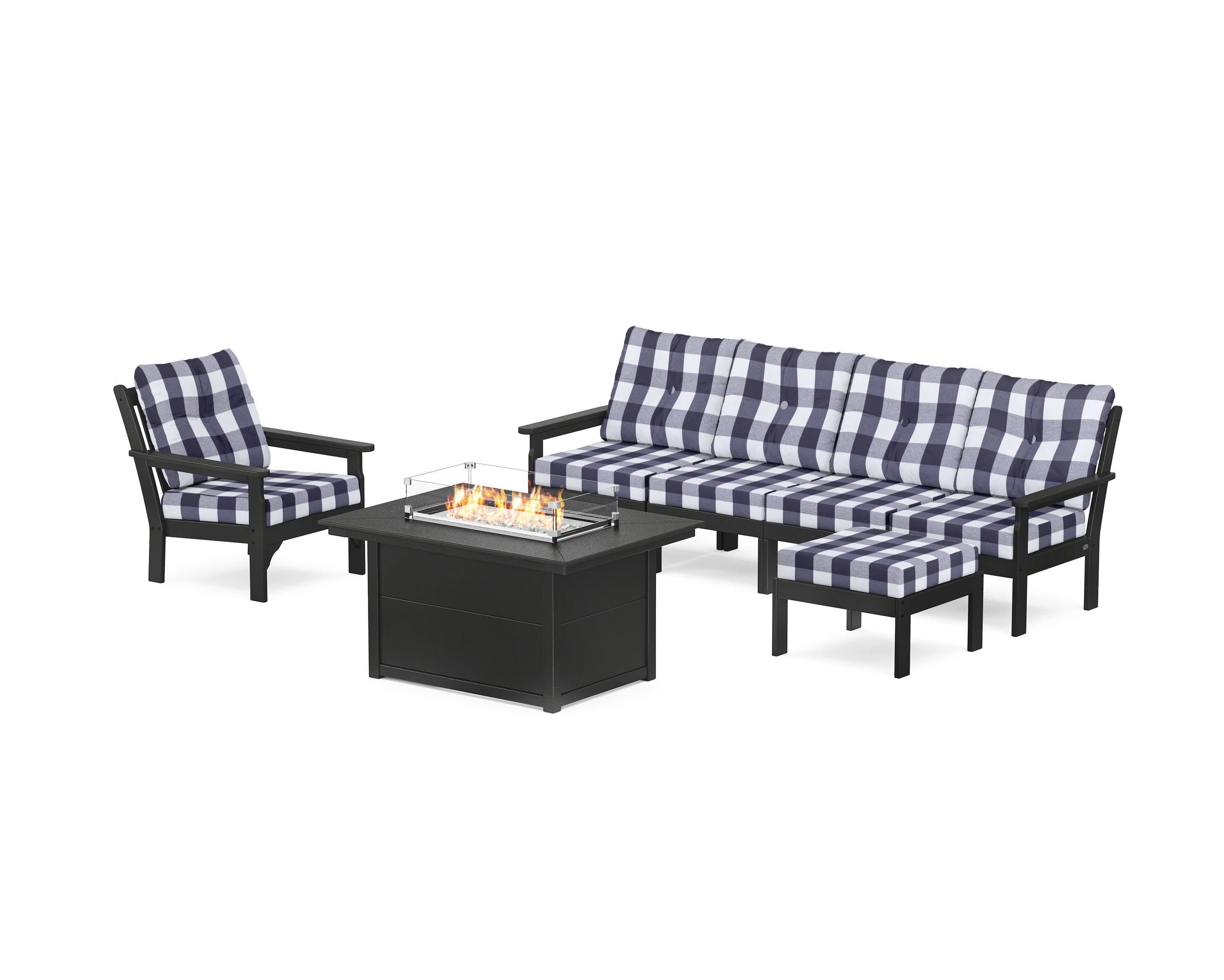 Vineyard Sectional Lounge and Fire Pit Set in Black / Buffalo Plaid Navy