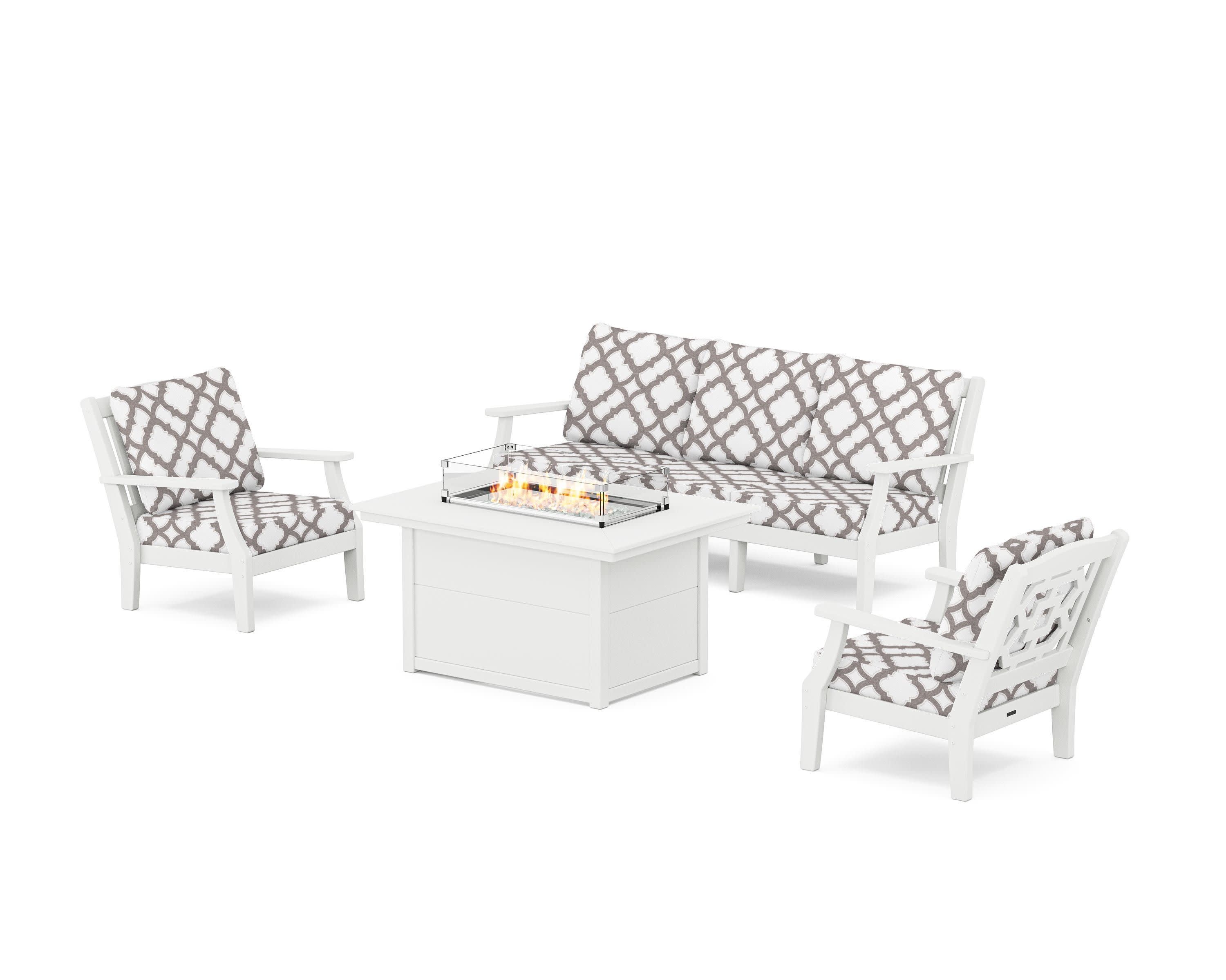 Chinoiserie Deep Seating Fire Pit Table Set in White / Trellis Grey Mist