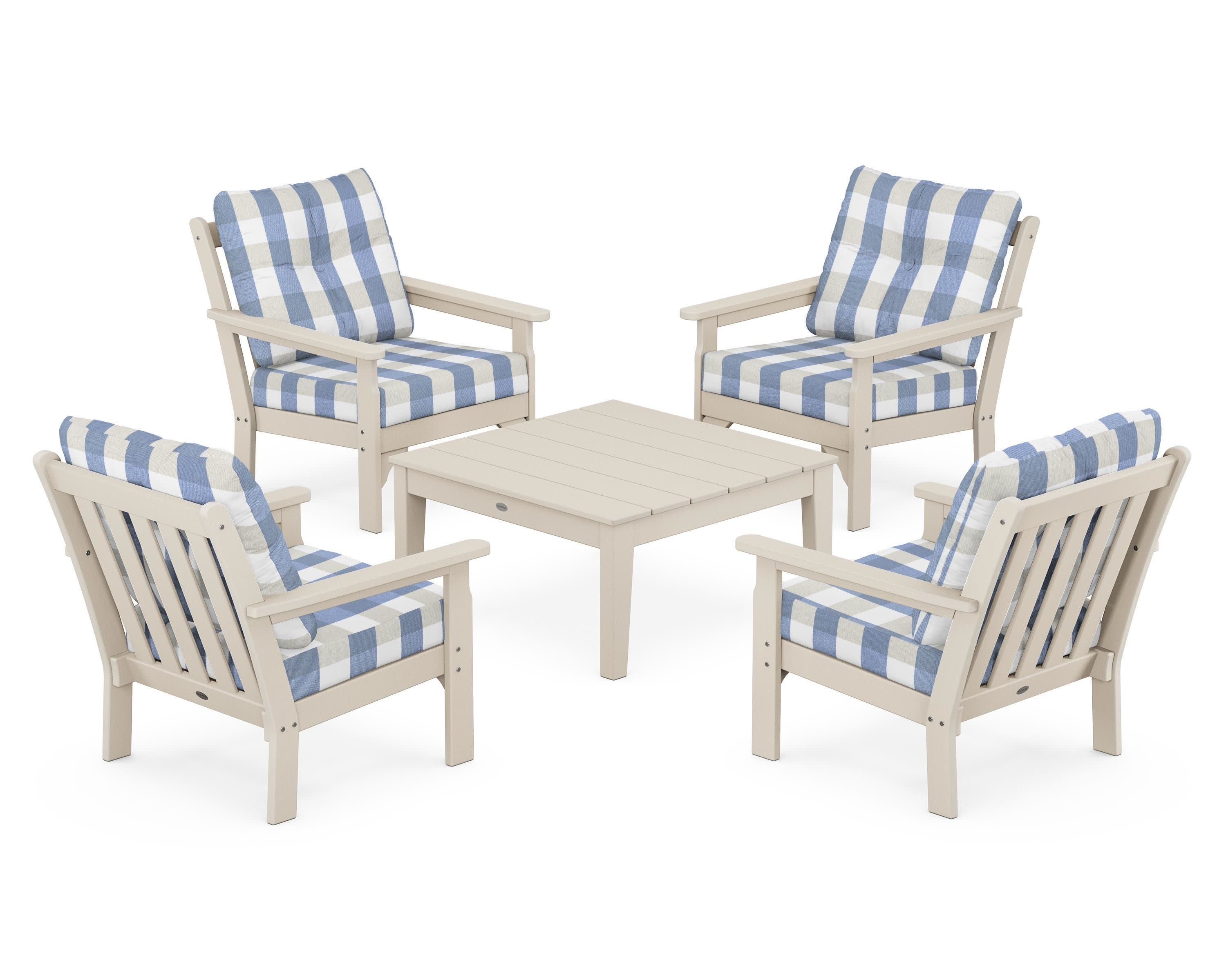 Vineyard 5-Piece Deep Seating Conversation Set in Sand / Buffalo Plaid Sky Blue