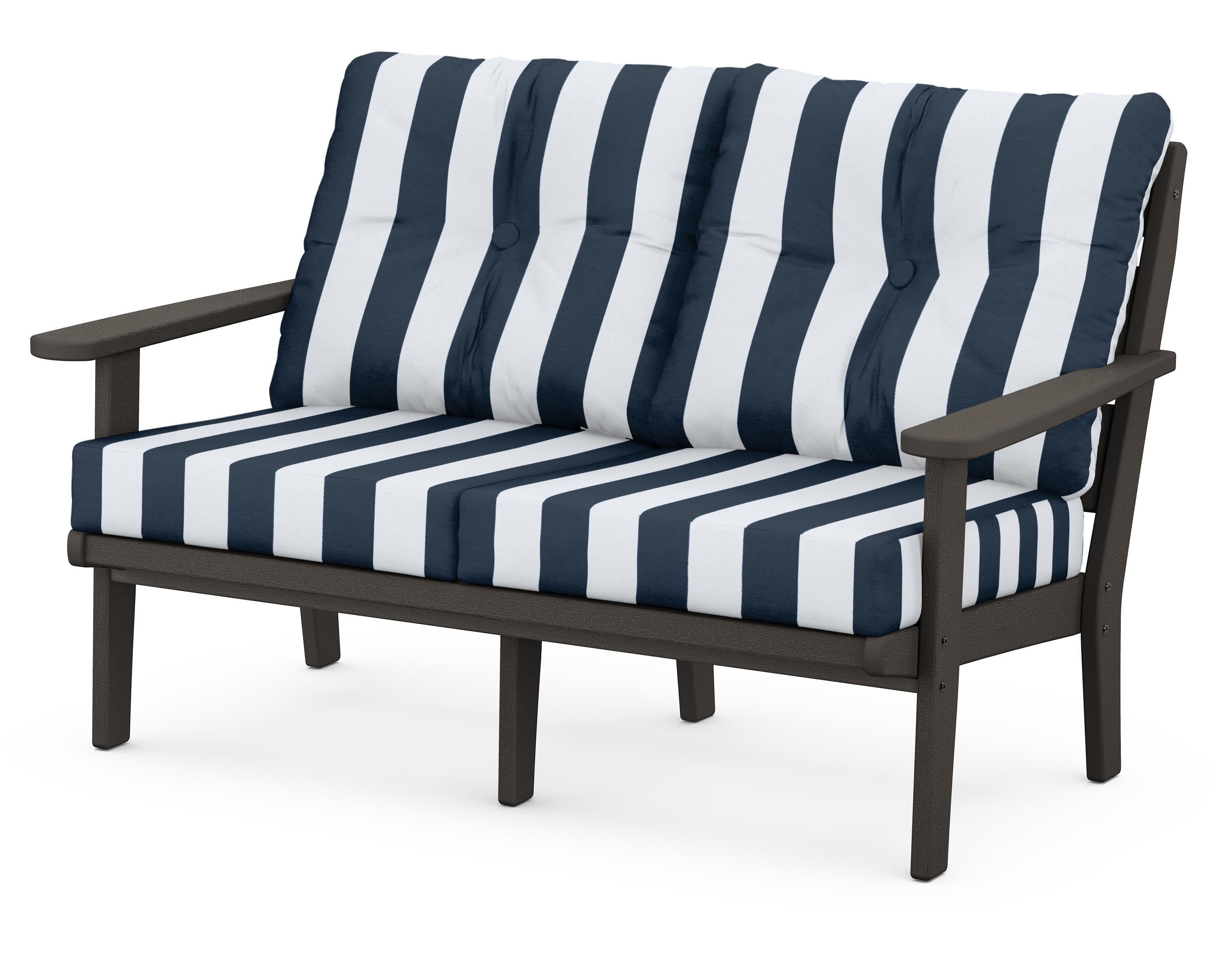 Lakeside Deep Seating Loveseat in Vintage Coffee / Cabana Stripe Marine Indigo