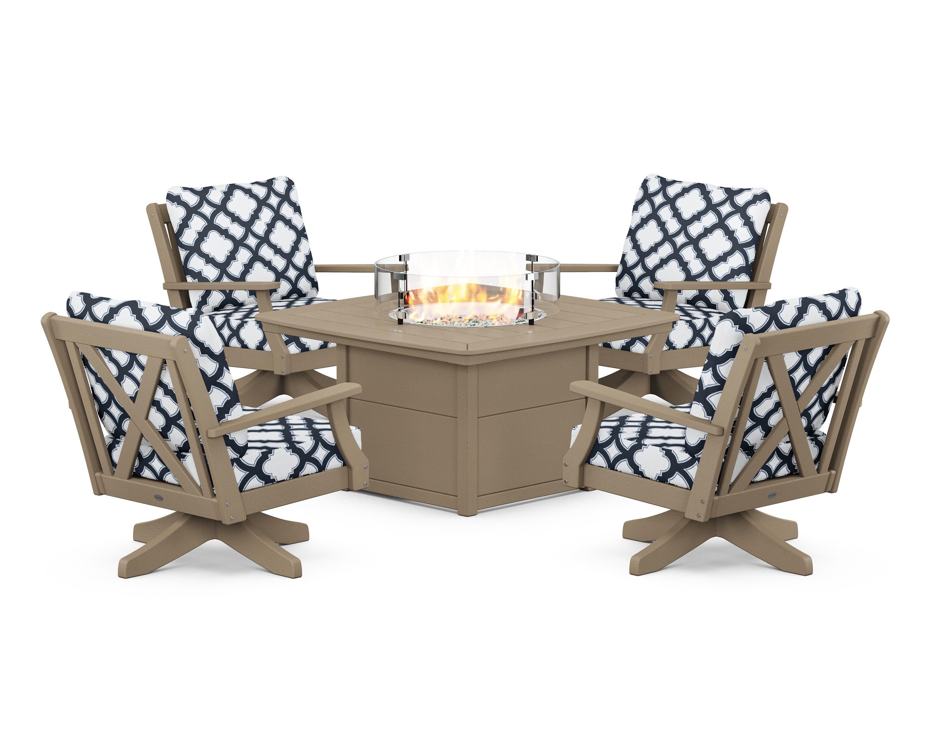 Braxton 5-Piece Deep Seating Swivel Conversation Set with Fire Pit Table in Vintage Sahara / Trellis Marine Indigo
