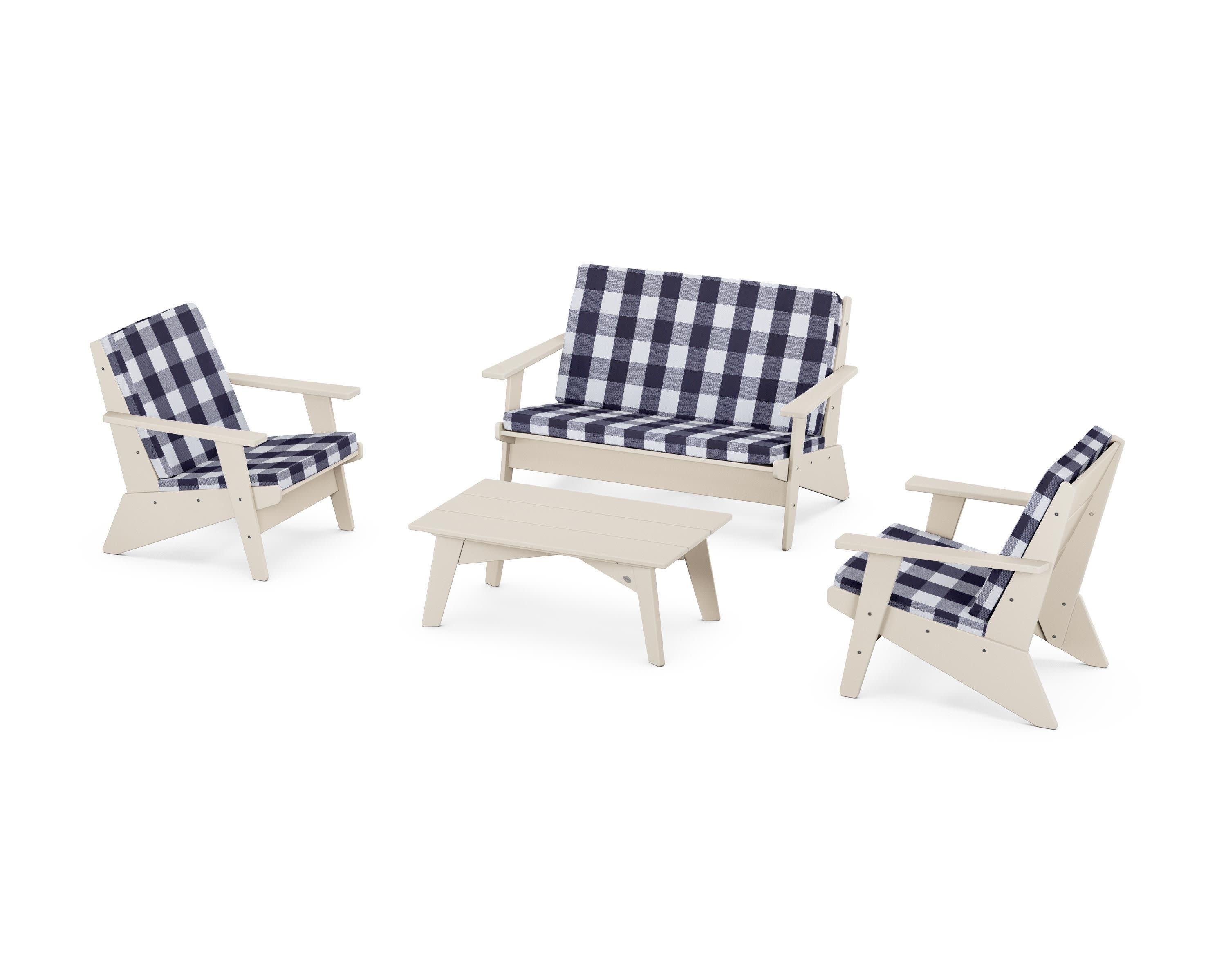 Riviera Modern Lounge 4-Piece Set in Sand / Buffalo Plaid Navy