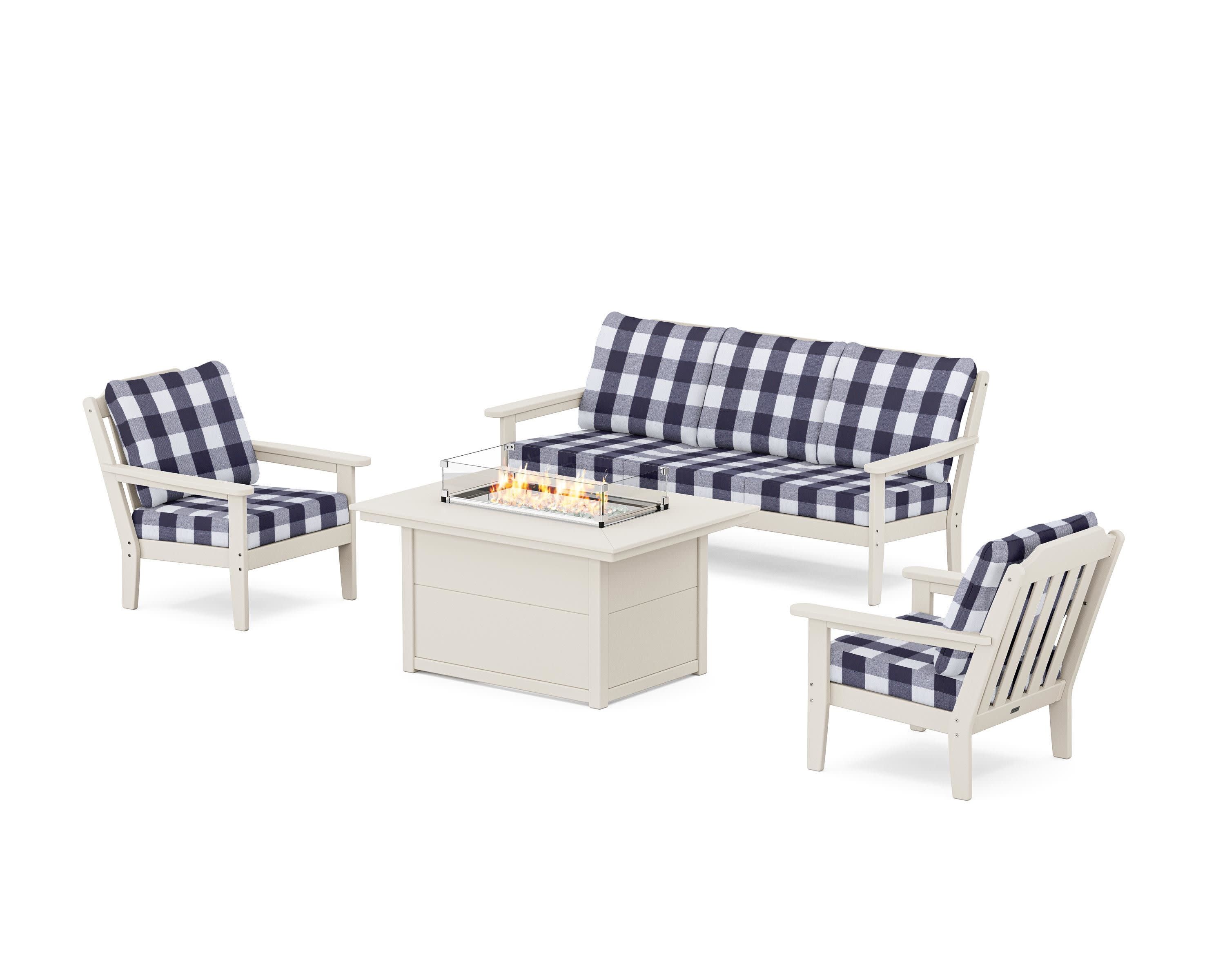 Cottage Deep Seating Fire Pit Table Set in Sand / Buffalo Plaid Navy