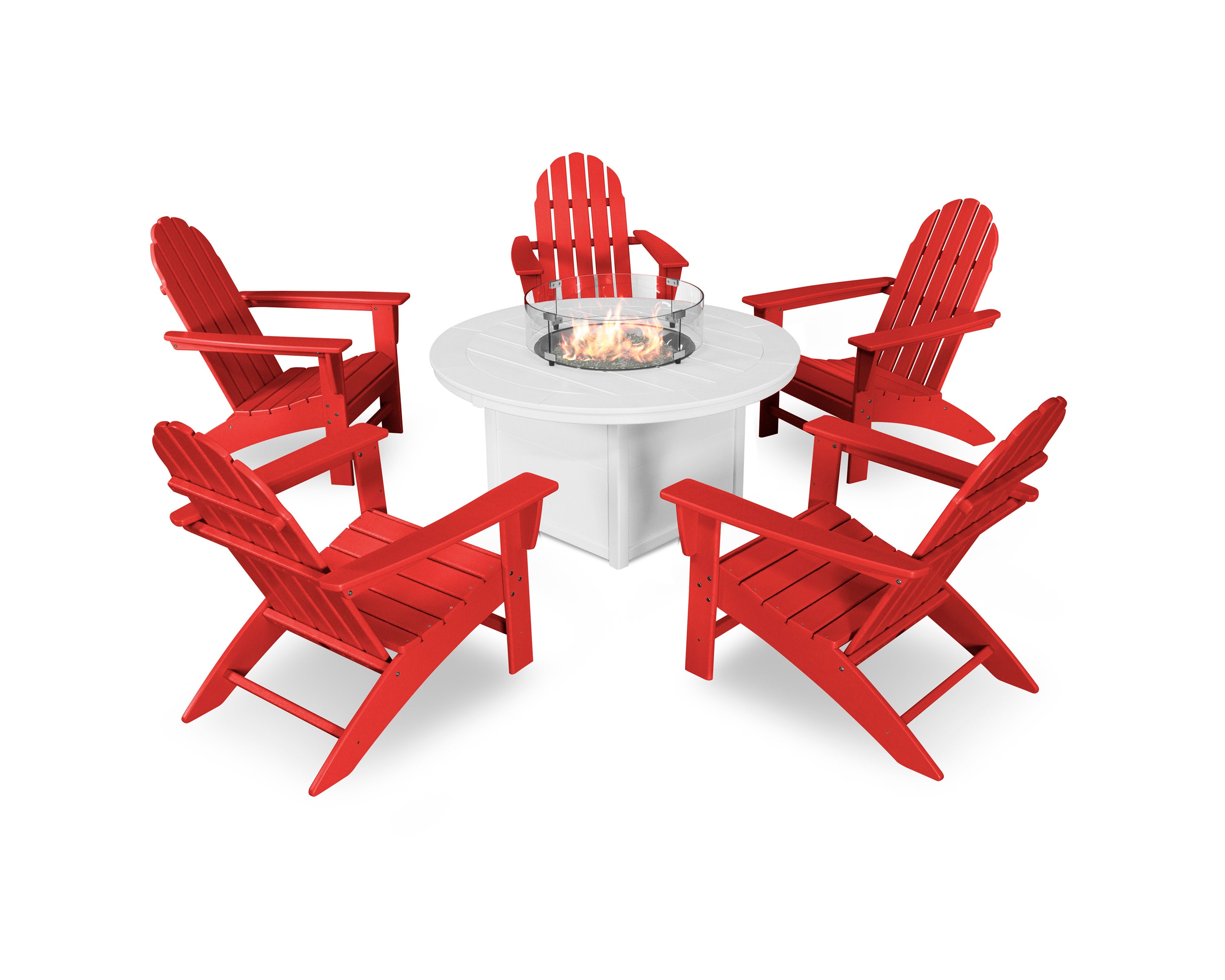 Vineyard Adirondack 6-Piece Chat Set with Fire Pit Table in Sunset Red / White