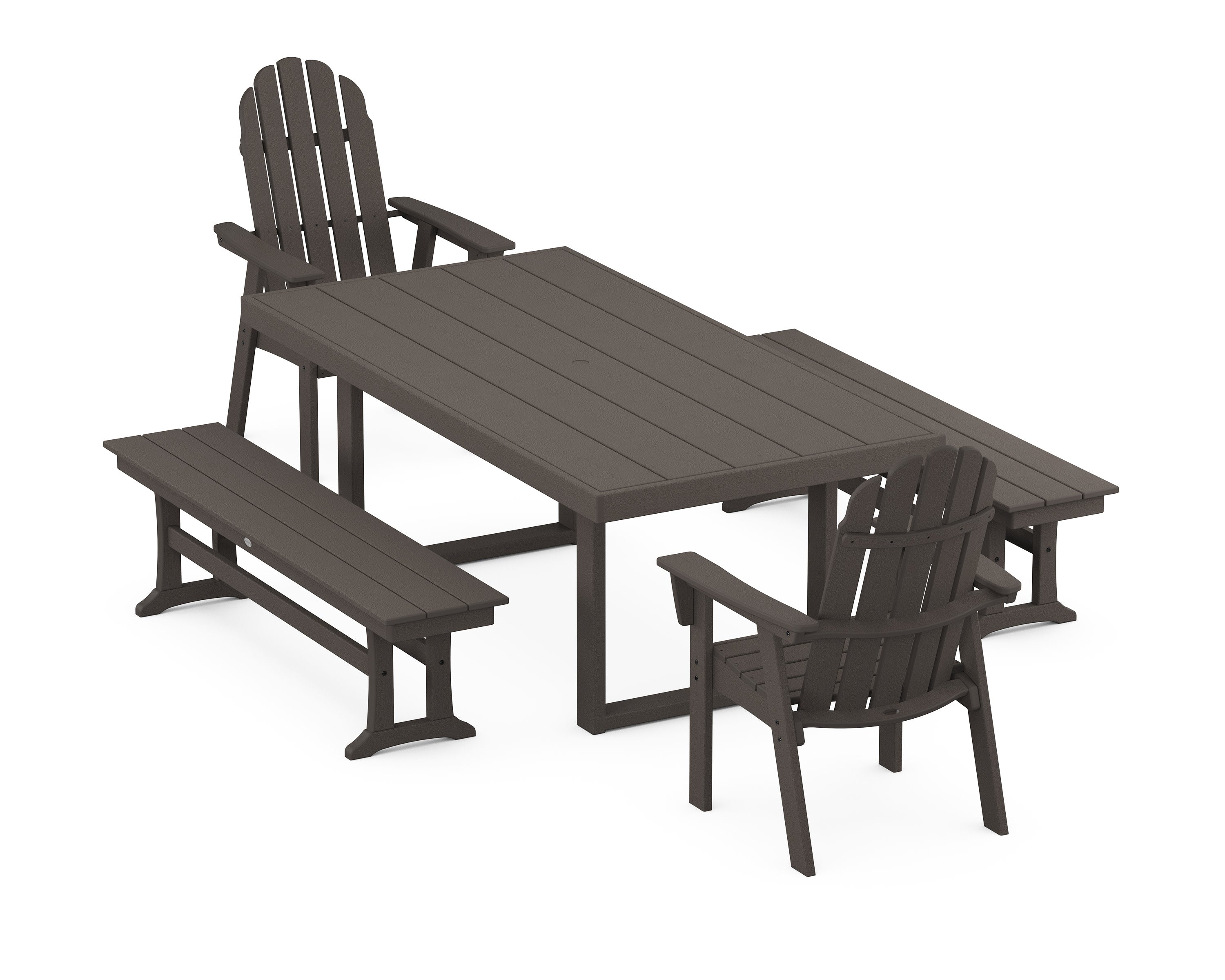 Vineyard Adirondack 5-Piece Dining Set with Benches in Vintage Coffee