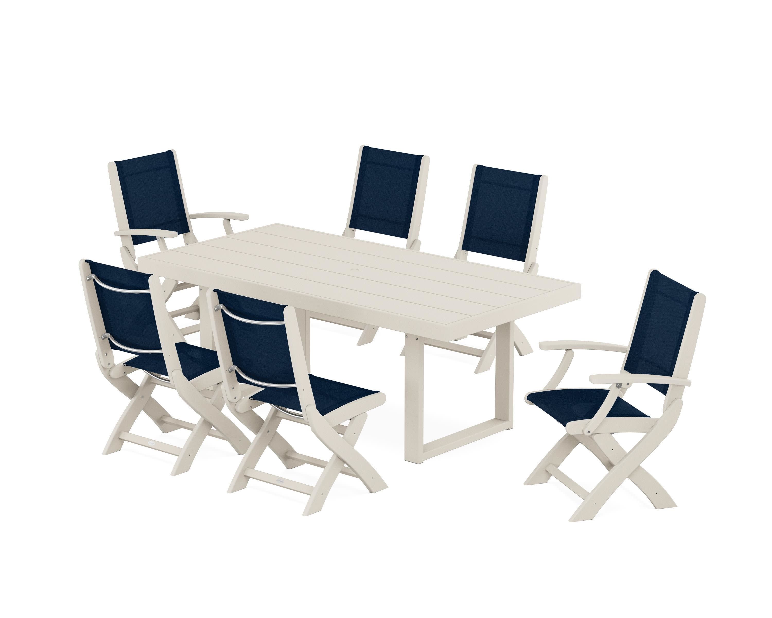 Coastal Folding Chair 7-Piece Dining Set with Trestle Legs in Sand / Navy Blue Sling
