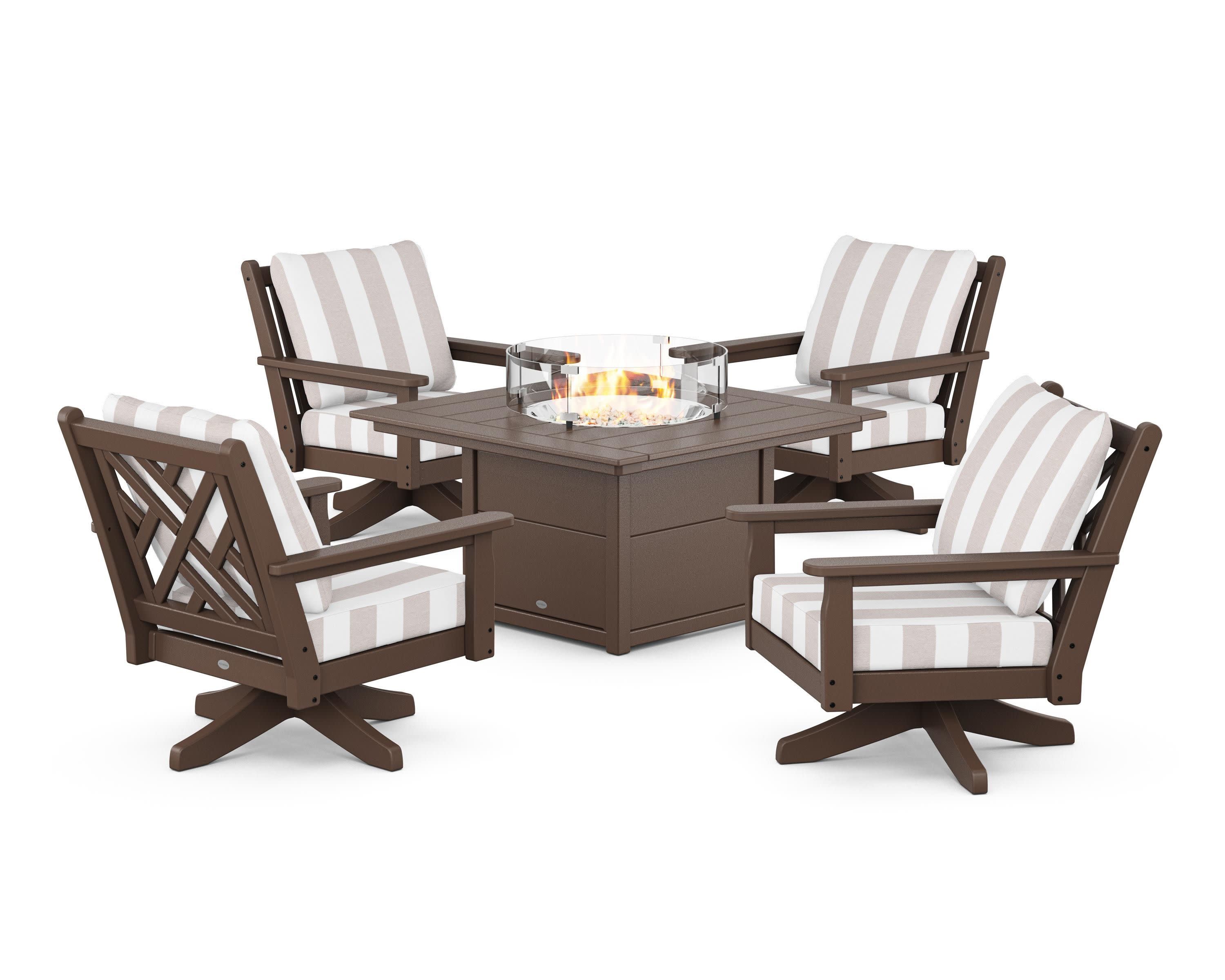 Chippendale 5-Piece Deep Seating Swivel Conversation Set with Fire Pit Table in Mahogany / Cabana Stripe Dune Burlap
