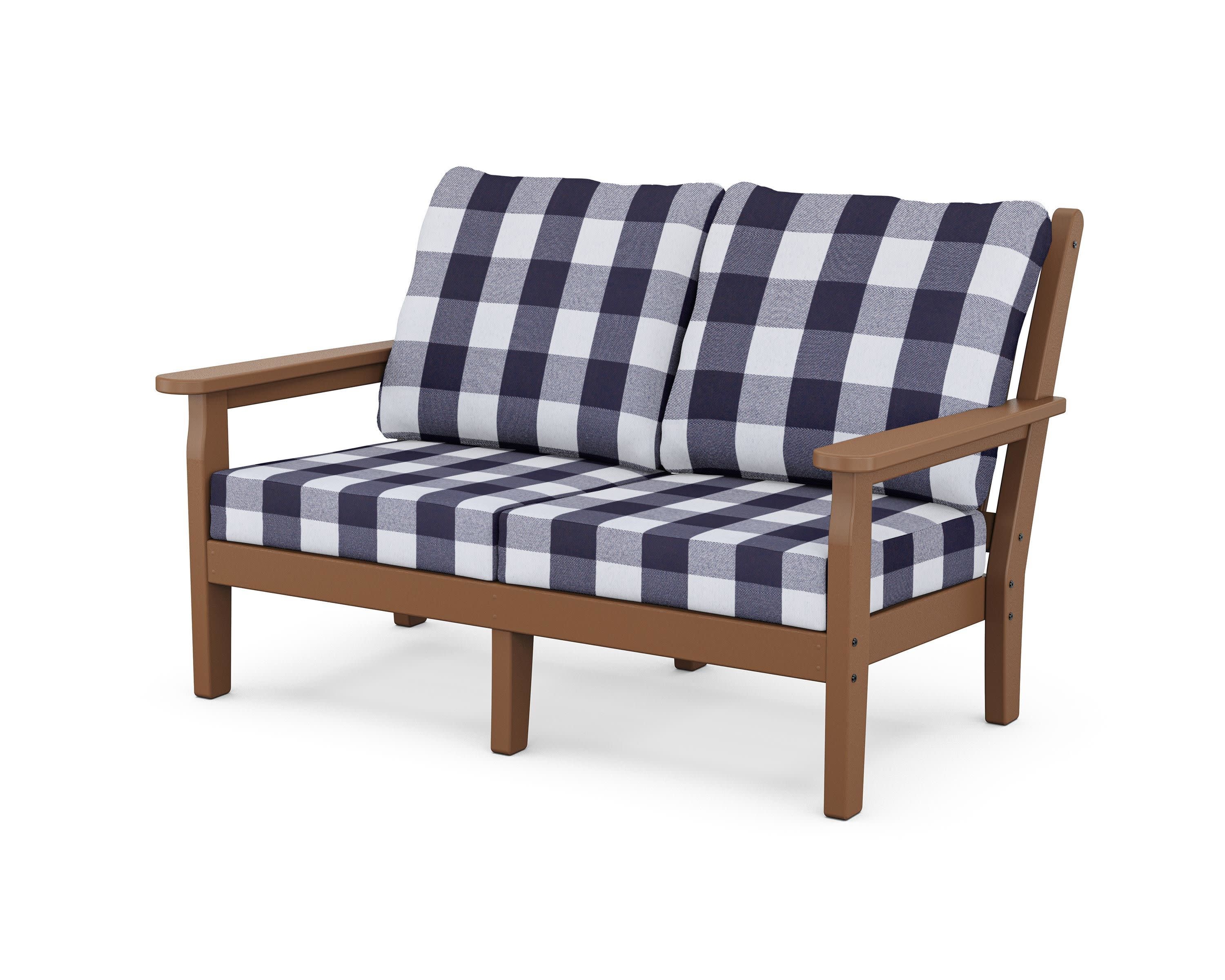 Chippendale Deep Seating Loveseat in Teak / Buffalo Plaid Navy
