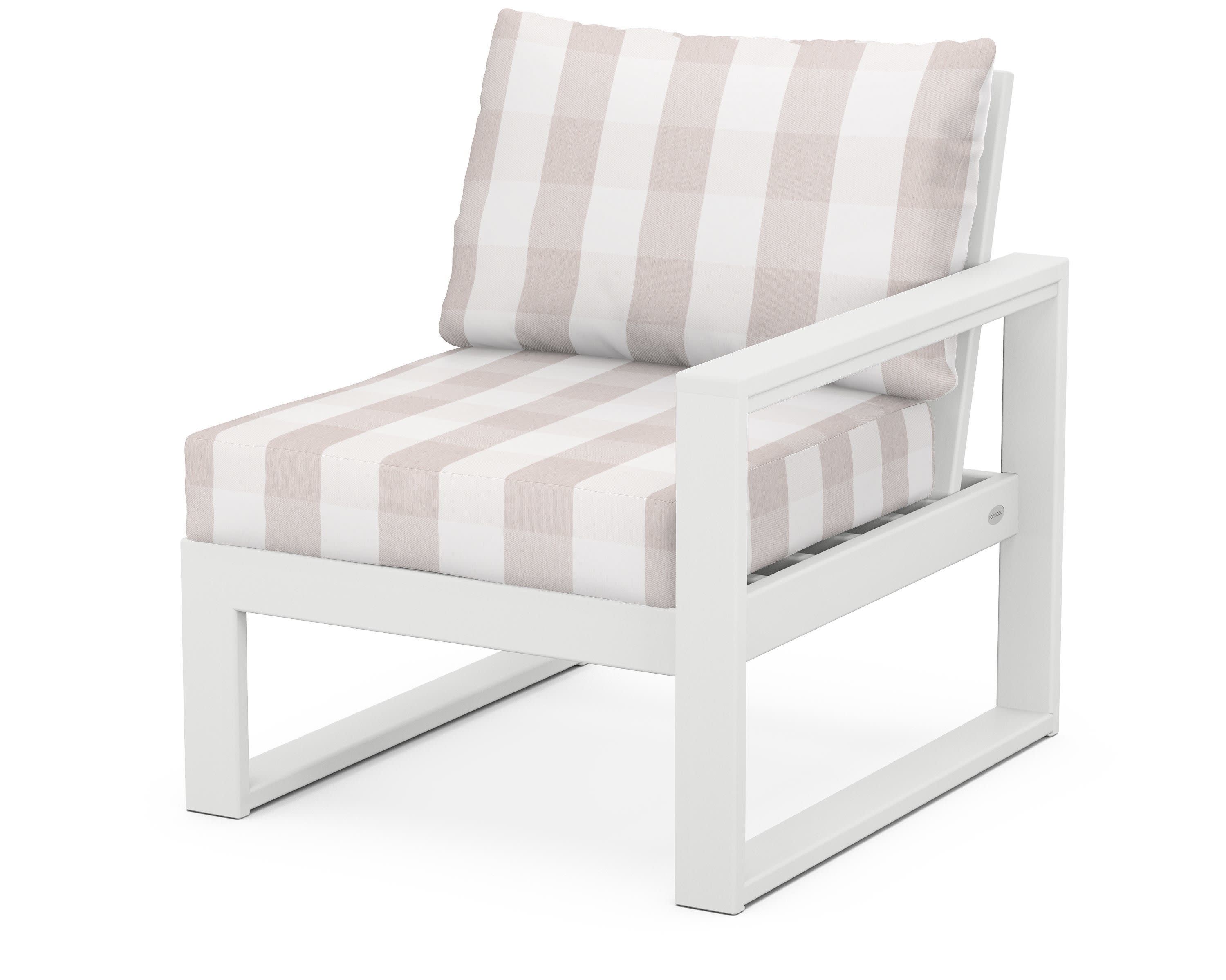 EDGE Modular Right Arm Chair in White / Buffalo Plaid Dune Burlap