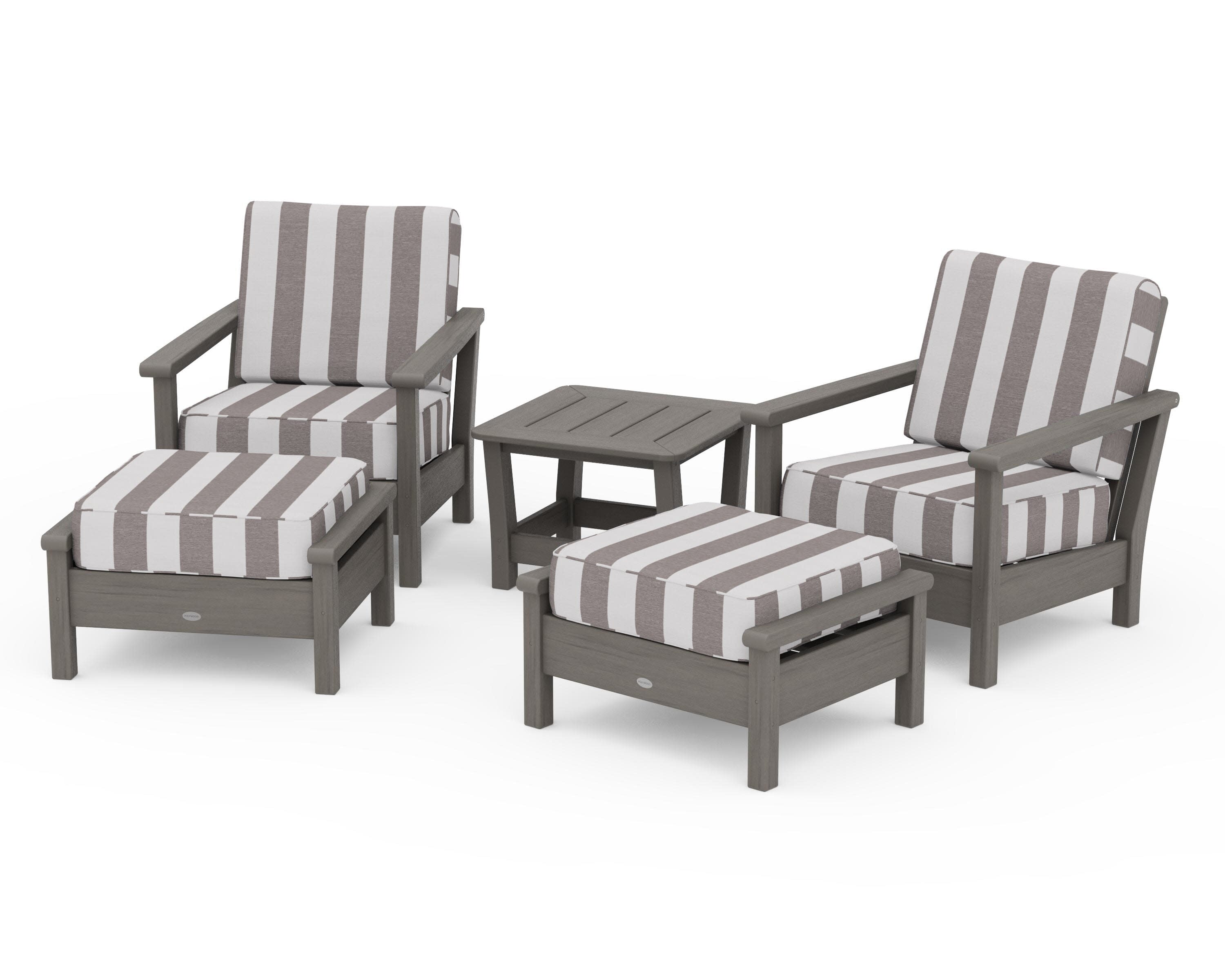 Harbour 5-Piece Deep Seating Chair Set in Driftwood / Cabana Stripe Grey Mist