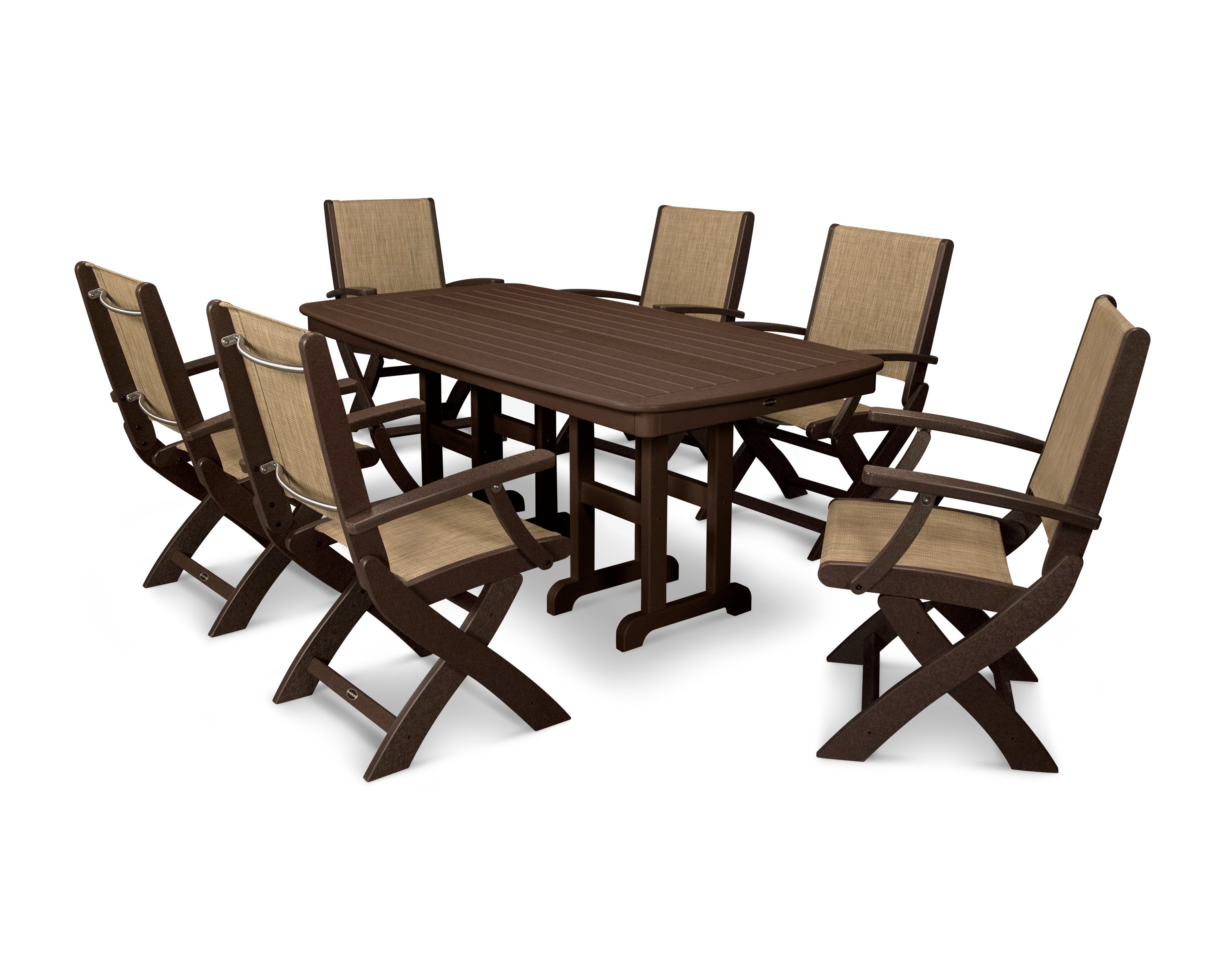 Coastal Folding Arm Chair 7-Piece Dining Set in Mahogany / Burlap Sling