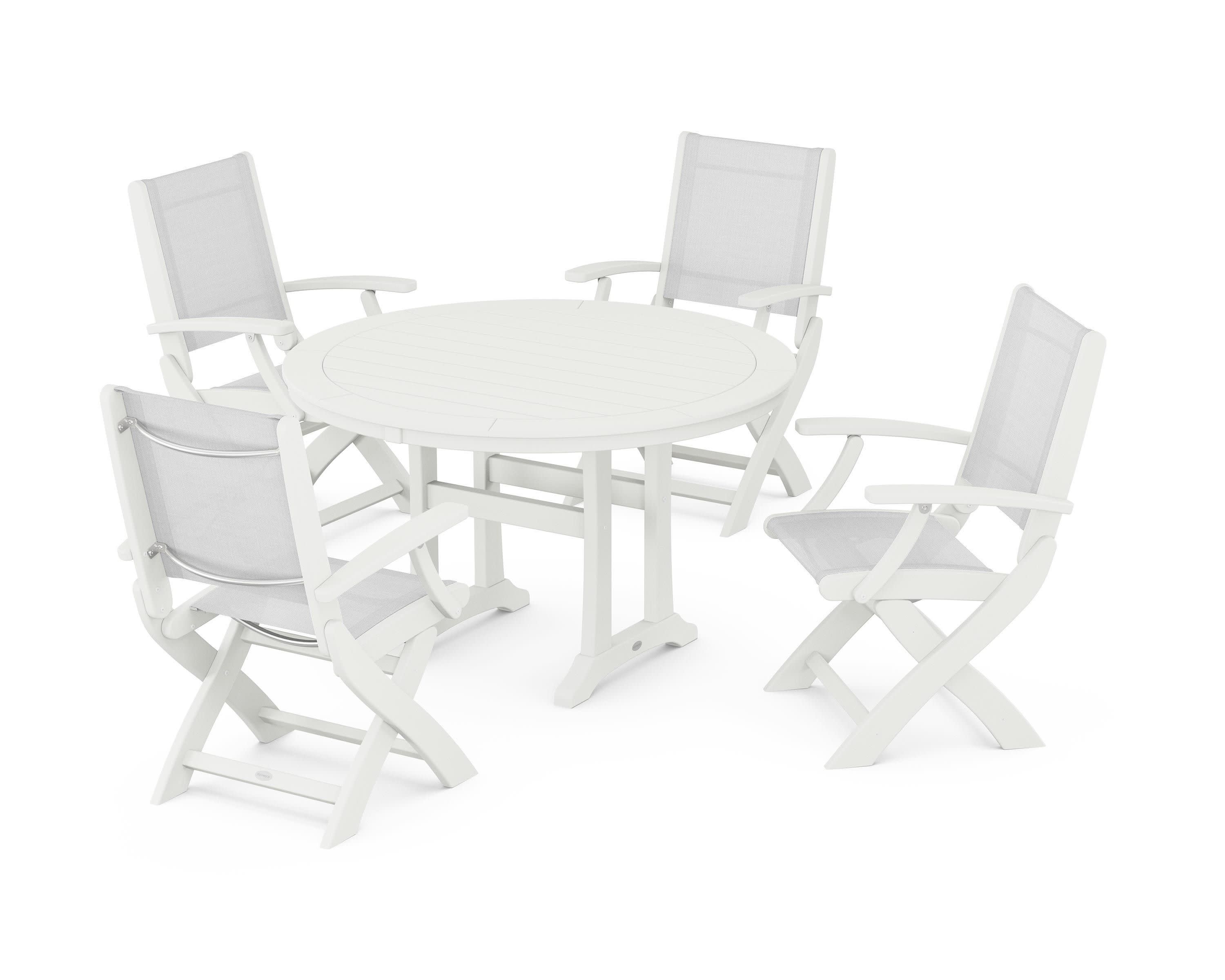 Coastal Folding Chair 5-Piece Round Dining Set with Trestle Legs in Vintage White / White Sling