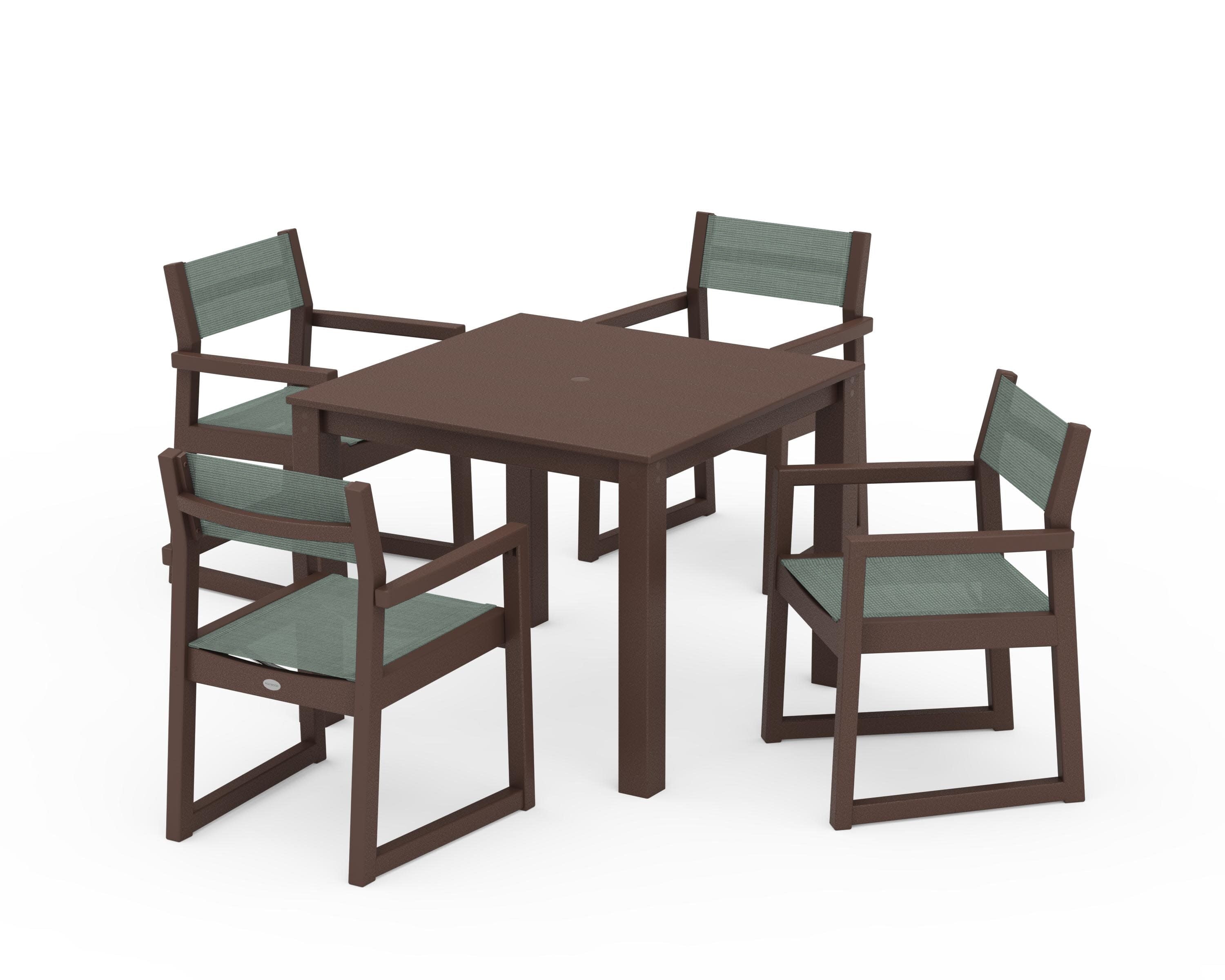EDGE Sling Arm Chair 5-Piece Parsons Dining Set in Mahogany / Dupioni Sea Mist Sling