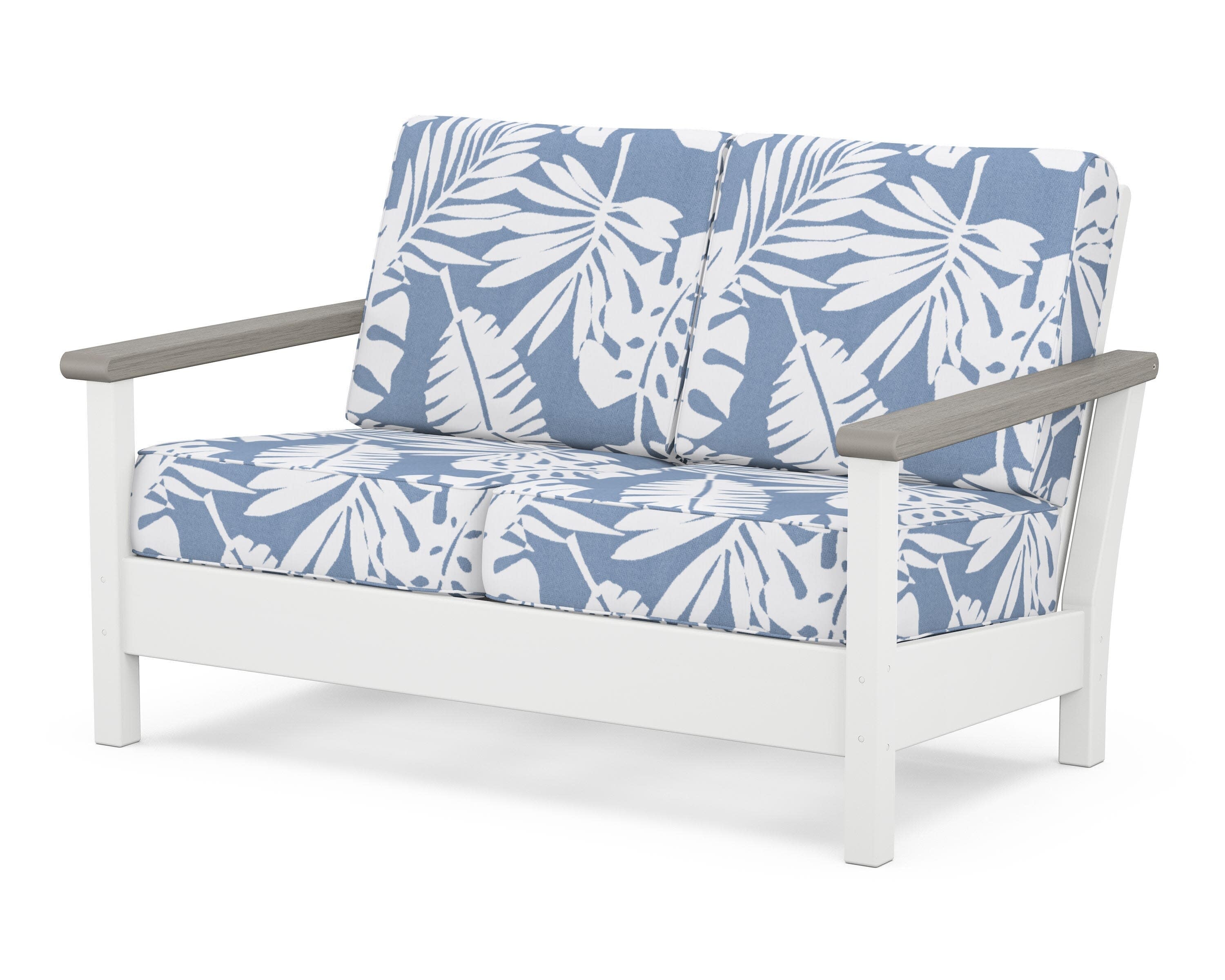 Harbour Deep Seating Loveseat in White / Driftwood / Leaf Sky Blue