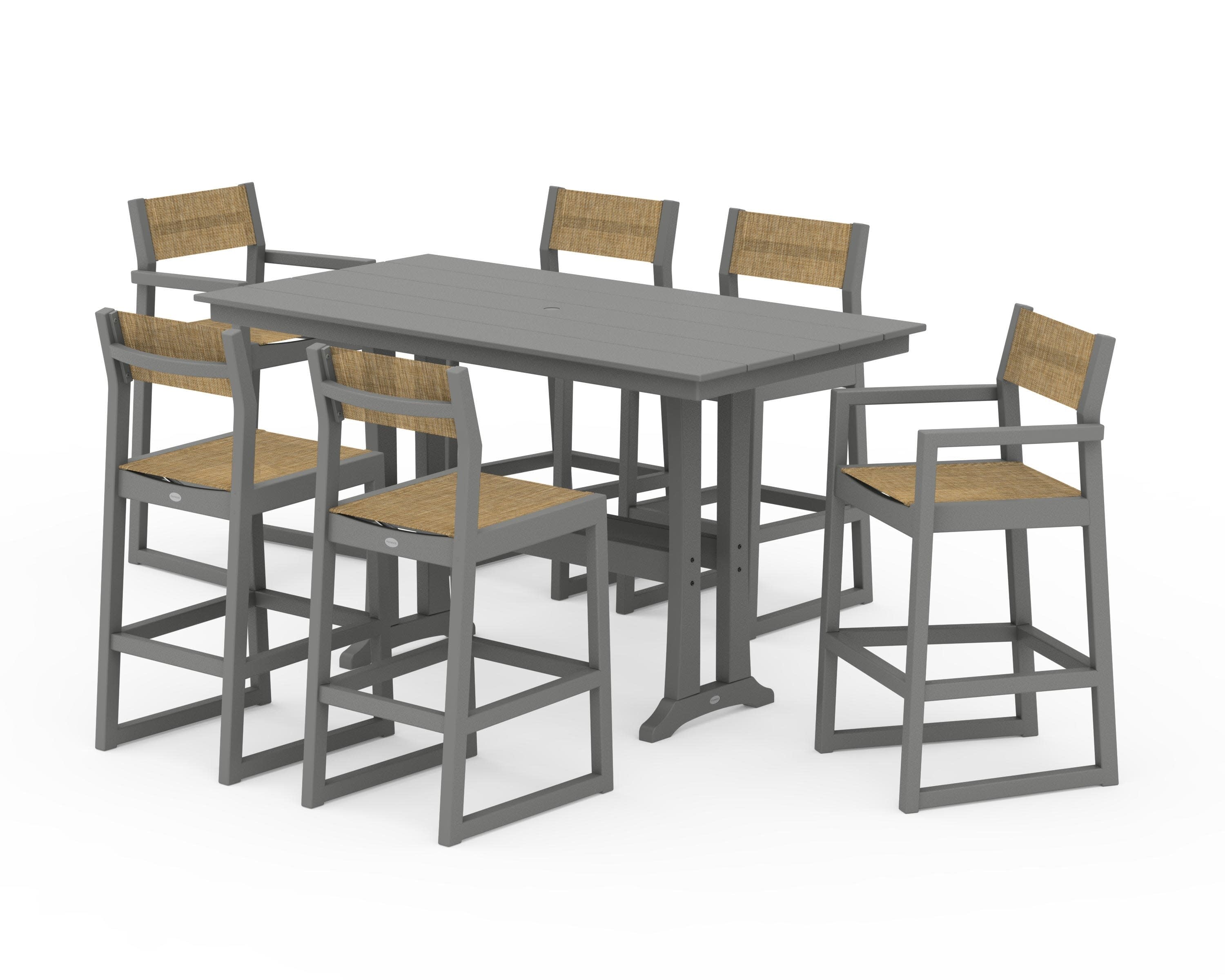 EDGE Sling 7-Piece Farmhouse Bar Set with Trestle Legs in Slate Grey / Burlap Sling