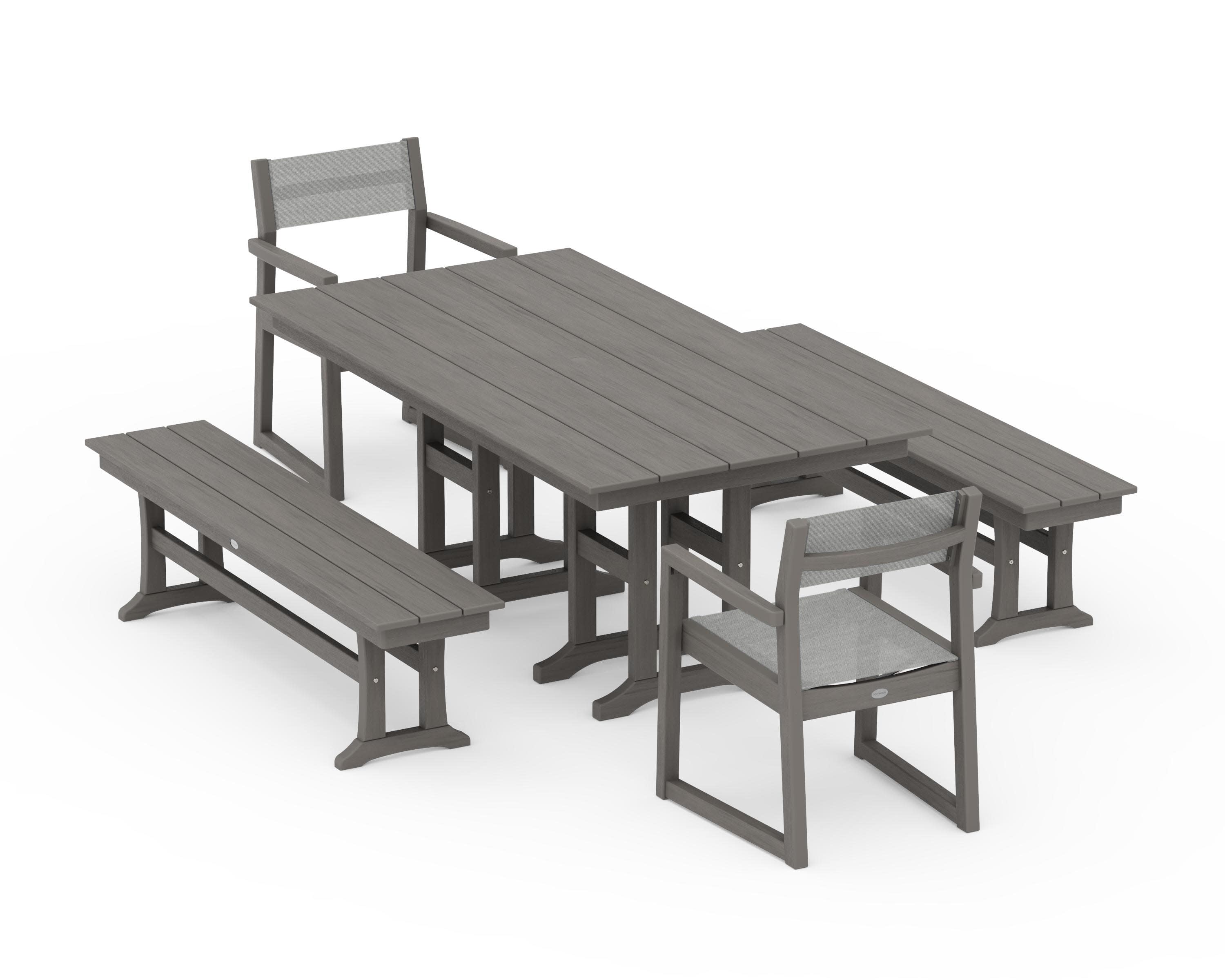 EDGE Sling Arm Chair 5-Piece Farmhouse Dining Set with Benches in Driftwood / Metallic Sling