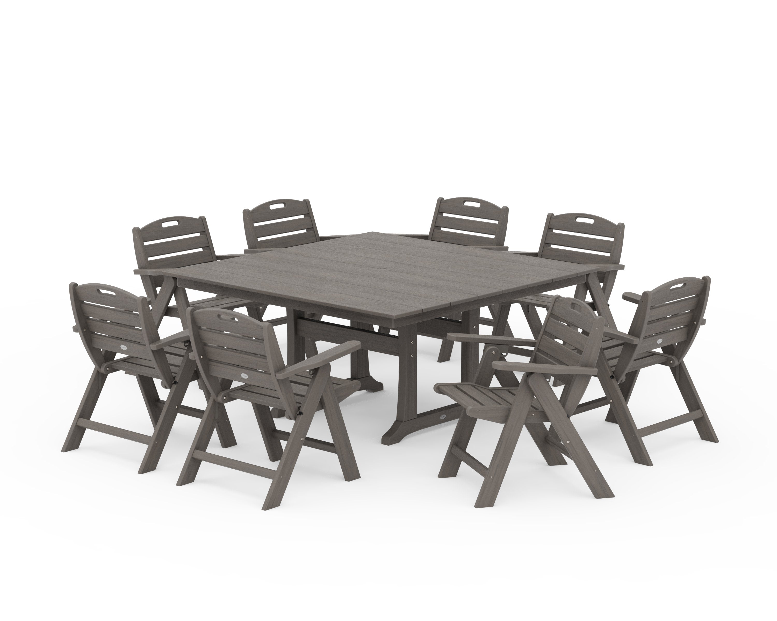 Nautical Lowback 9-Piece Square Farmhouse Dining Set with Trestle Legs in Driftwood