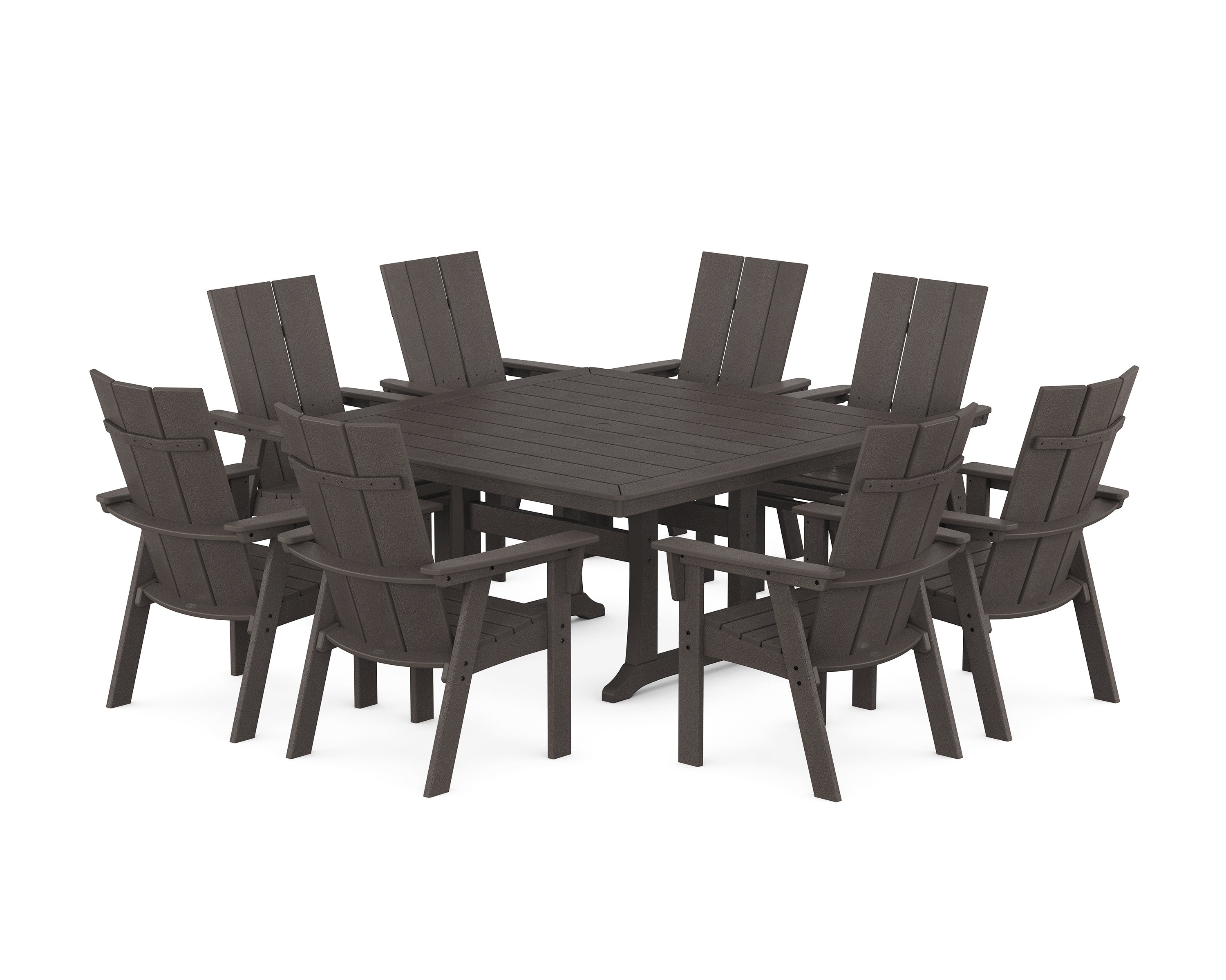 Modern Curveback Adirondack 9-Piece Square Dining Set with Trestle Legs in Vintage Coffee