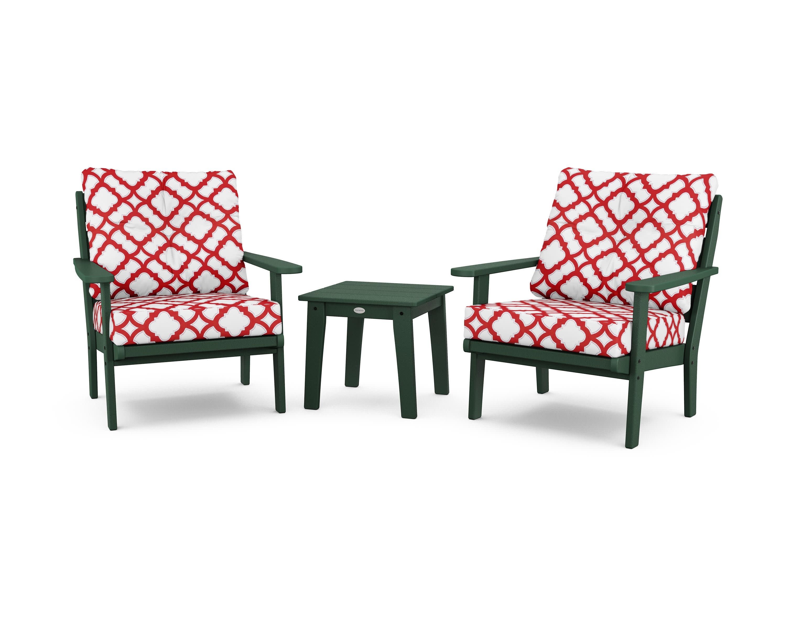 Lakeside 3-Piece Deep Seating Chair Set in Green / Trellis Crimson