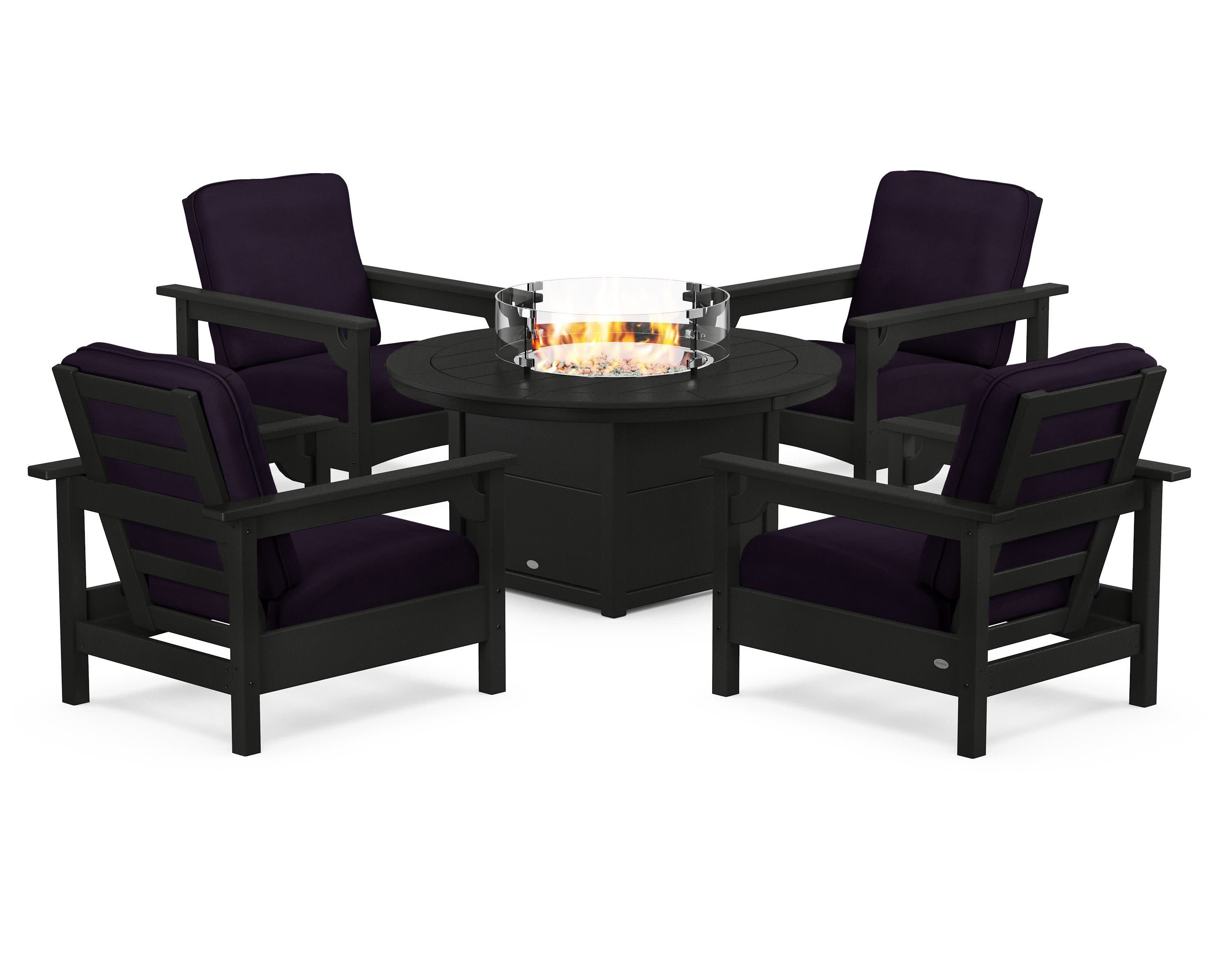 Club 5-Piece Conversation Set with Fire Pit Table in Black / Navy Linen