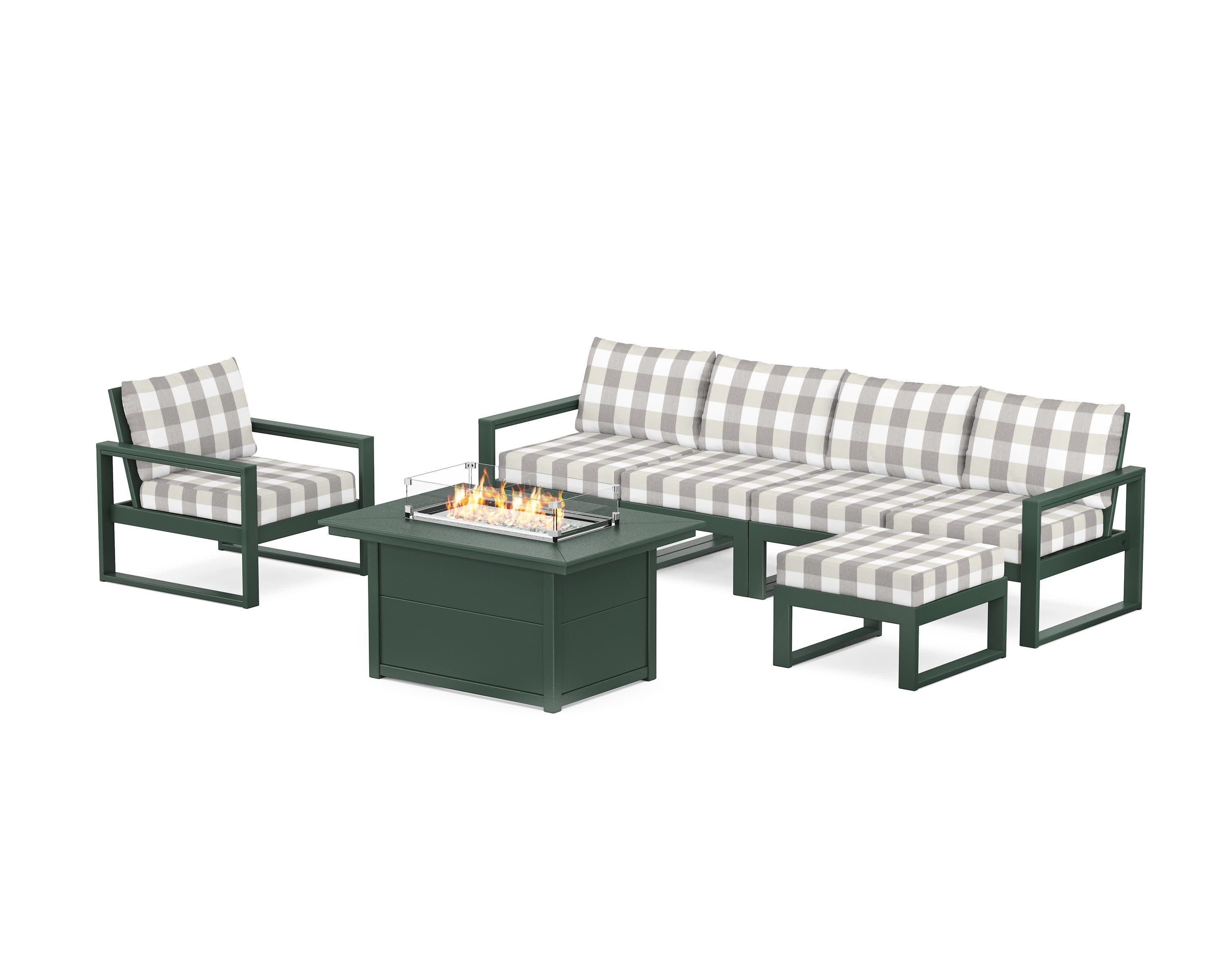 EDGE Sectional Lounge and Fire Pit Set in Green / Buffalo Plaid Grey Mist