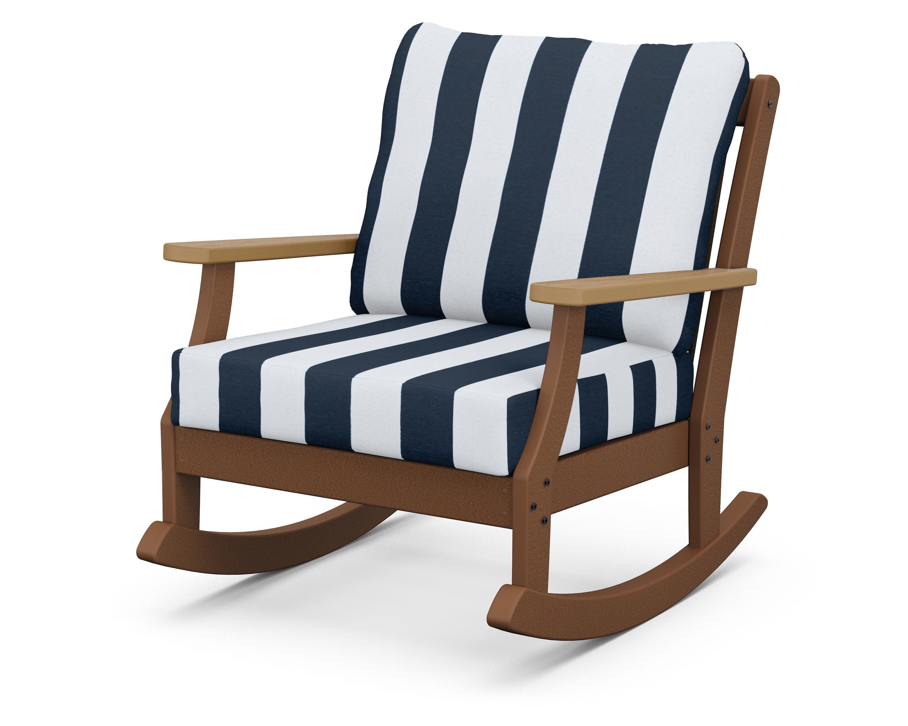 Braxton Deep Seating Rocking Chair in Teak / Natural / Cabana Stripe Marine Indigo