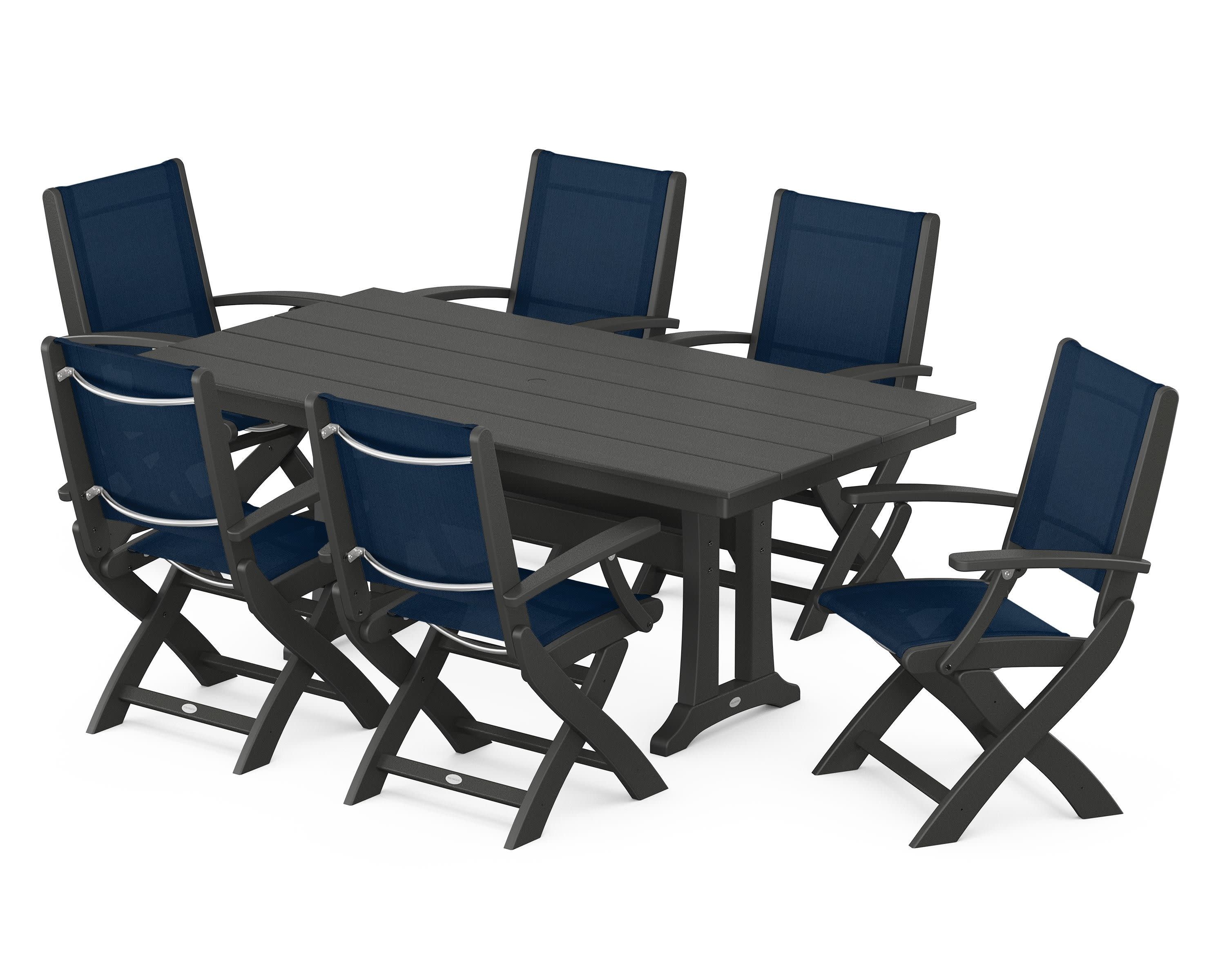 Coastal Folding Arm Chair 7-Piece Farmhouse Dining Set with Trestle Legs in Black / Navy Blue Sling