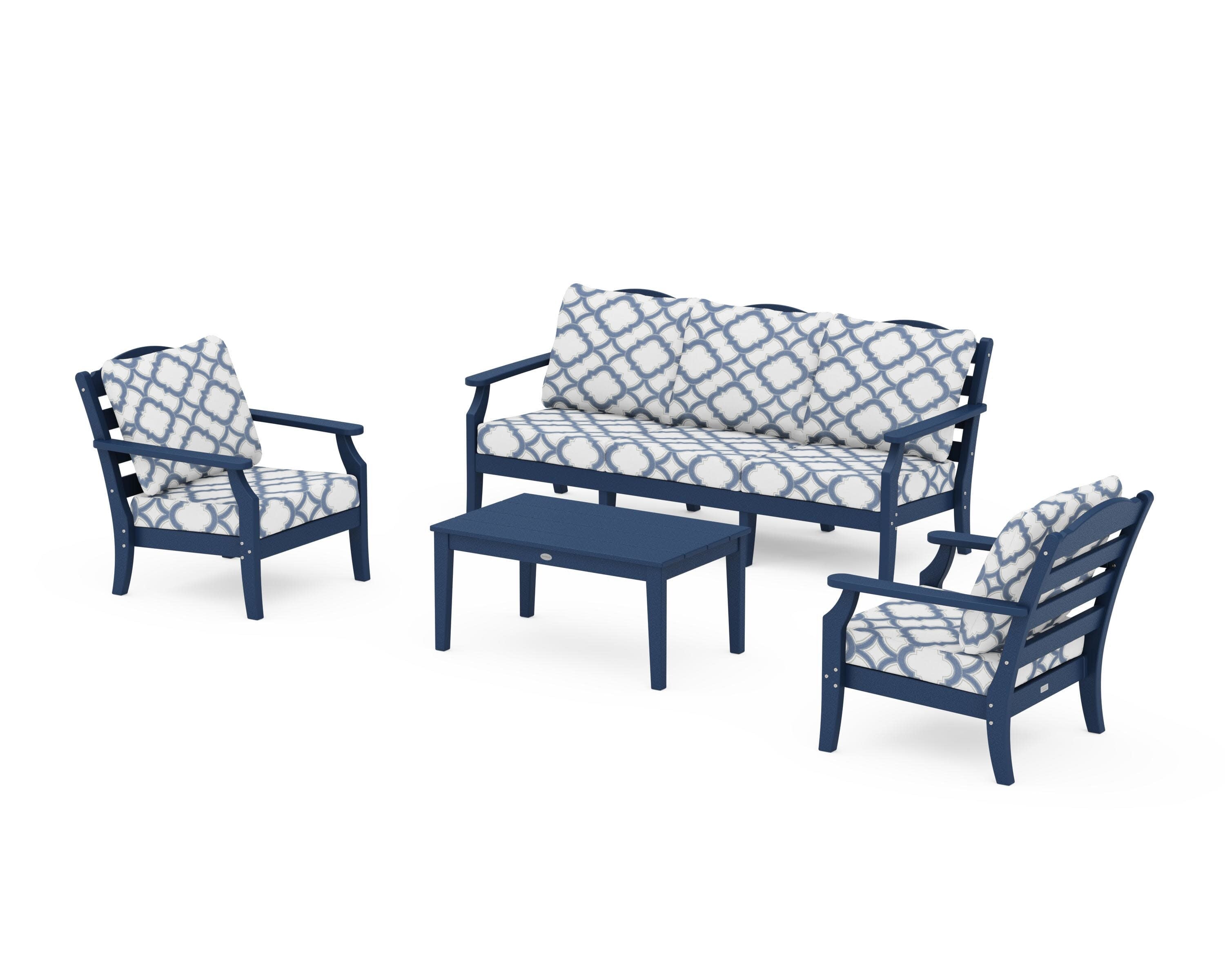 Savannah 4-Piece Deep Seating Set with Sofa in Navy / Trellis Sky Blue