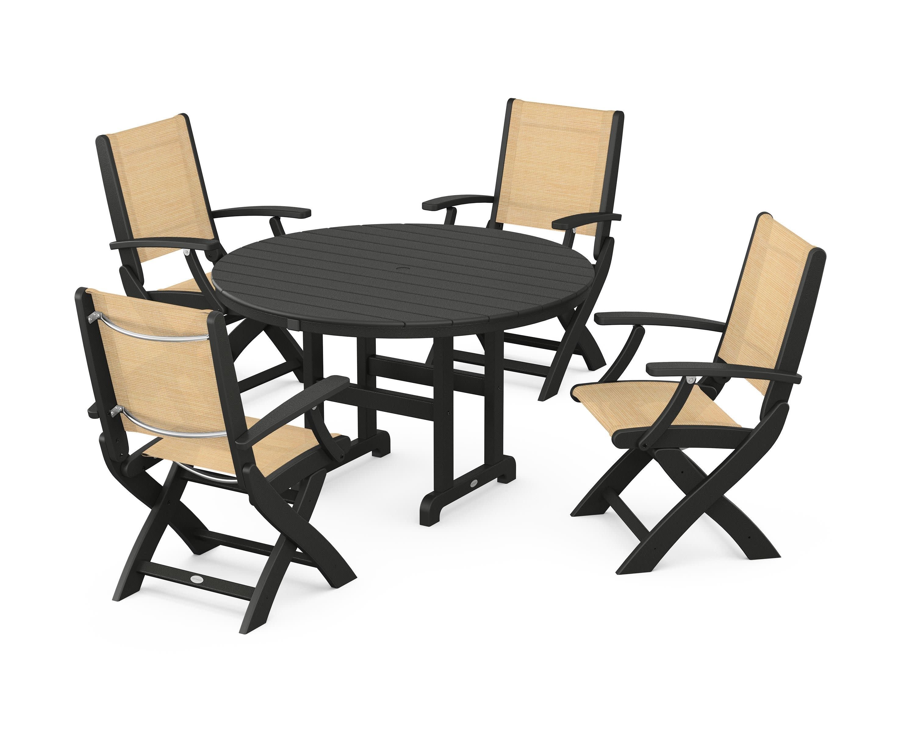 Coastal Folding Chair 5-Piece Round Dining Set in Black / Dupioni Apricot Sling