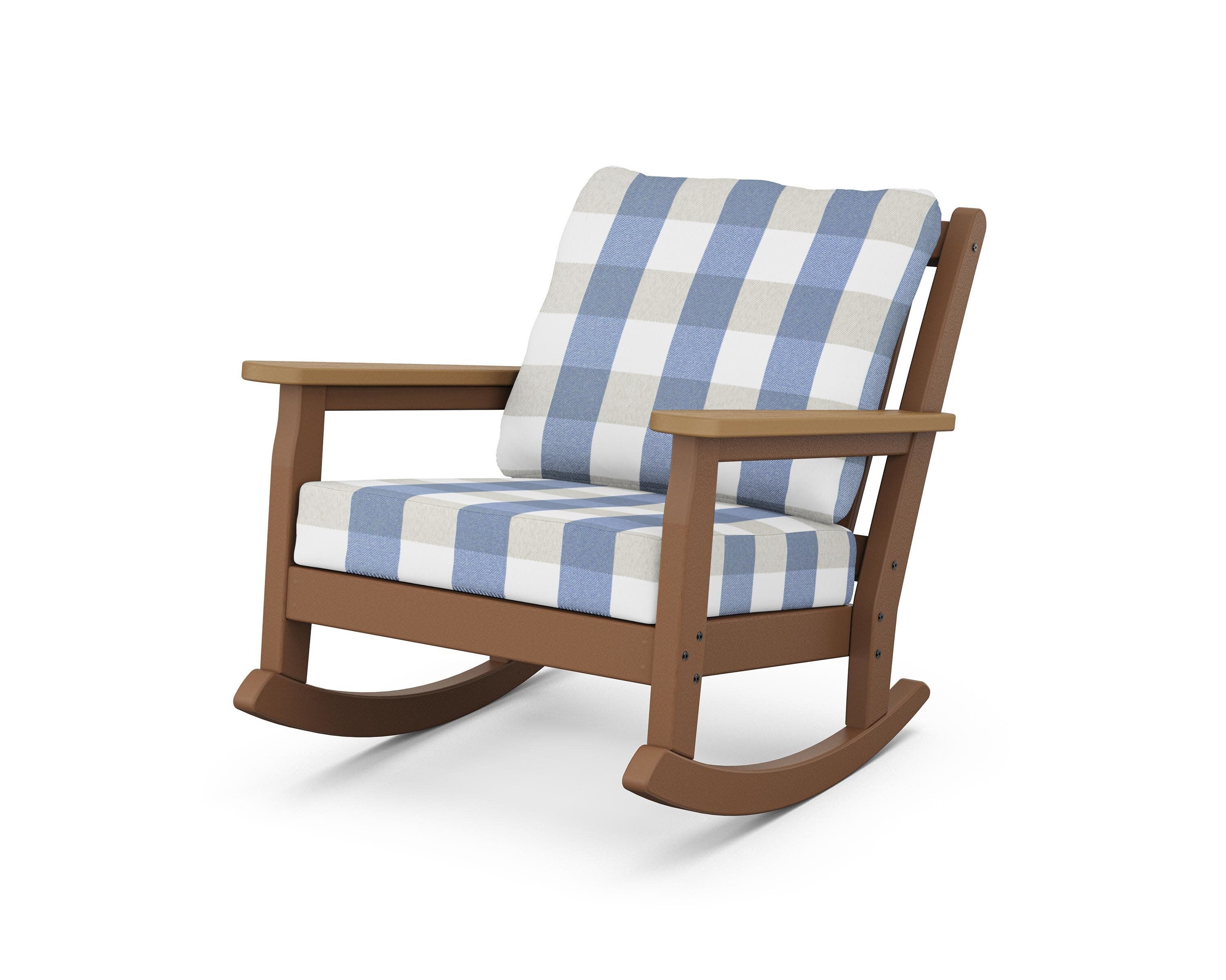 Chippendale Deep Seating Rocking Chair in Teak / Natural / Buffalo Plaid Sky Blue
