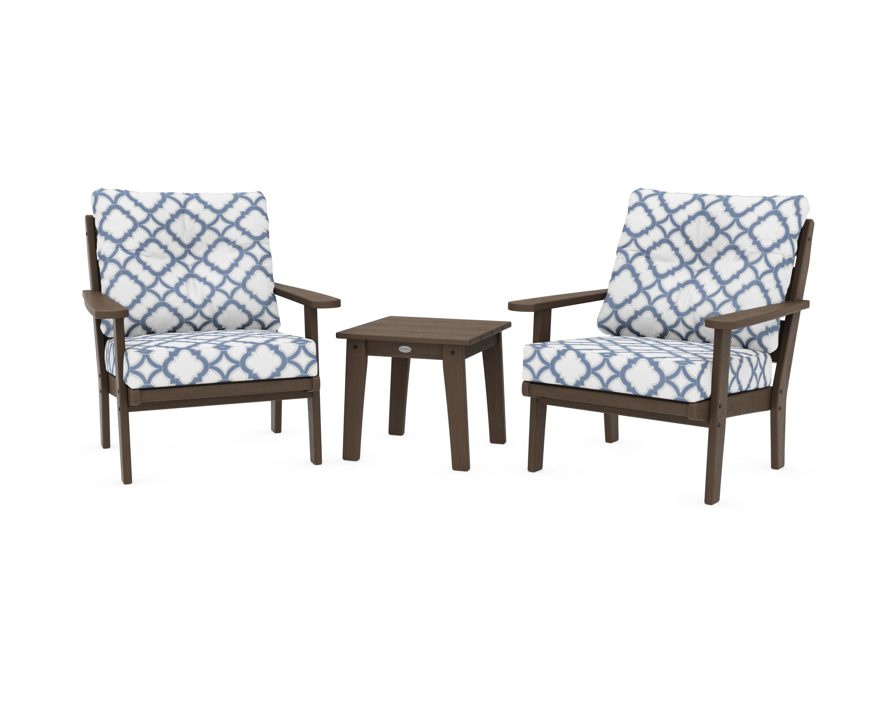 Lakeside 3-Piece Deep Seating Chair Set in Kona / Trellis Sky Blue