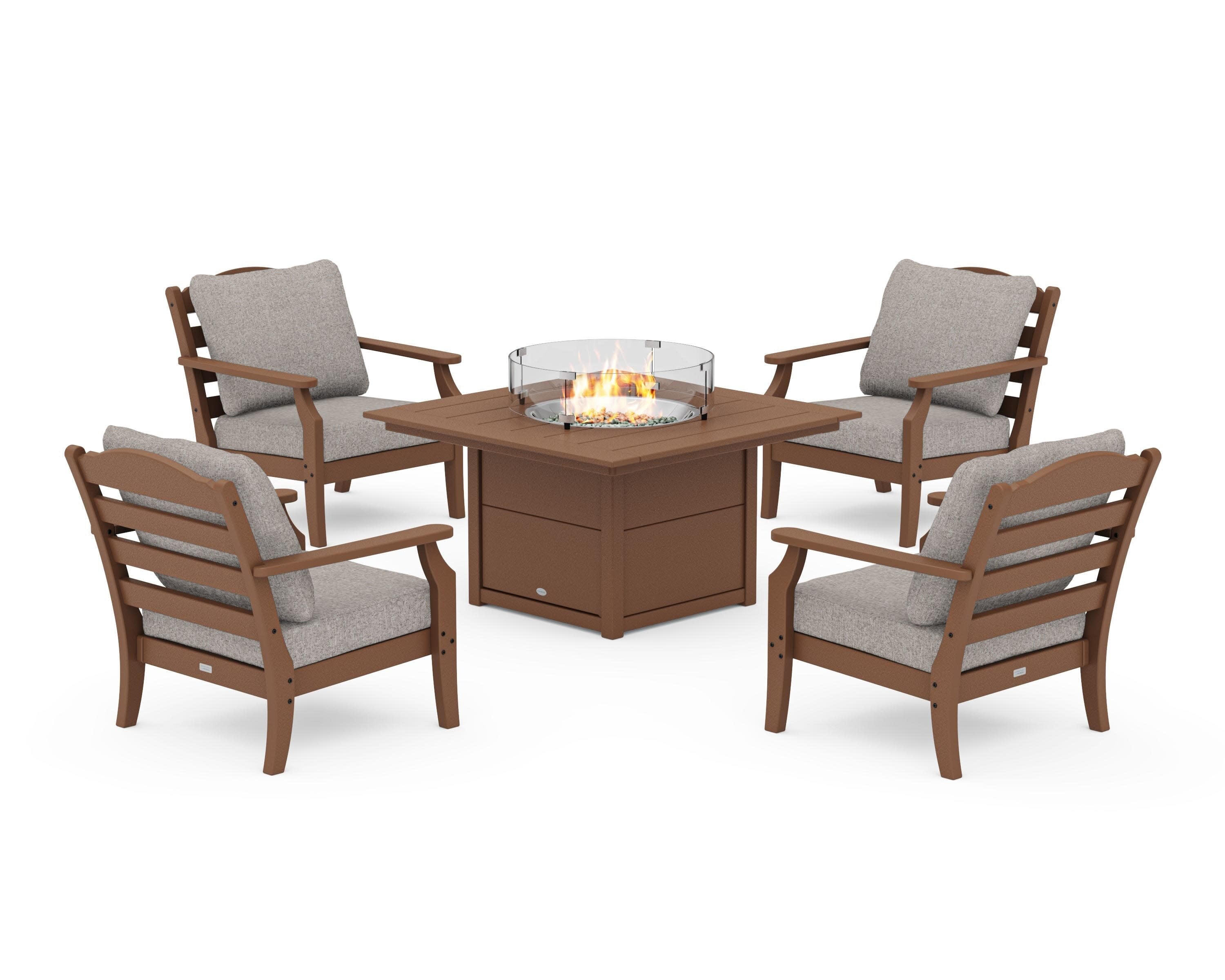 Savannah 5-Piece Deep Seating Set with Fire Pit Table in Teak / Weathered Tweed