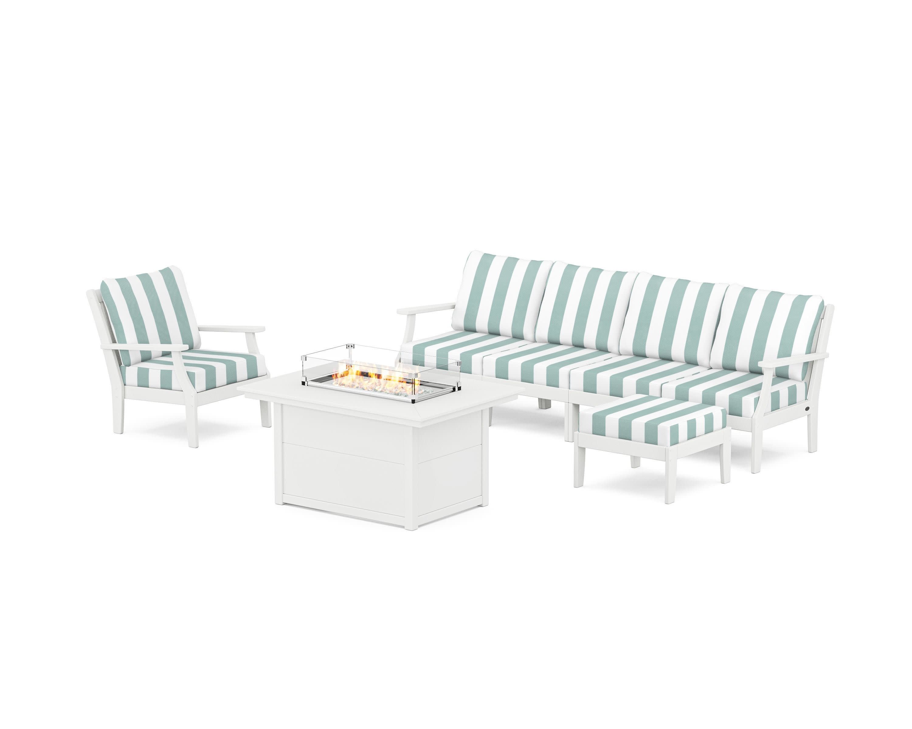Braxton Sectional Lounge and Fire Pit Set in White / Cabana Stripe Glacier Spa