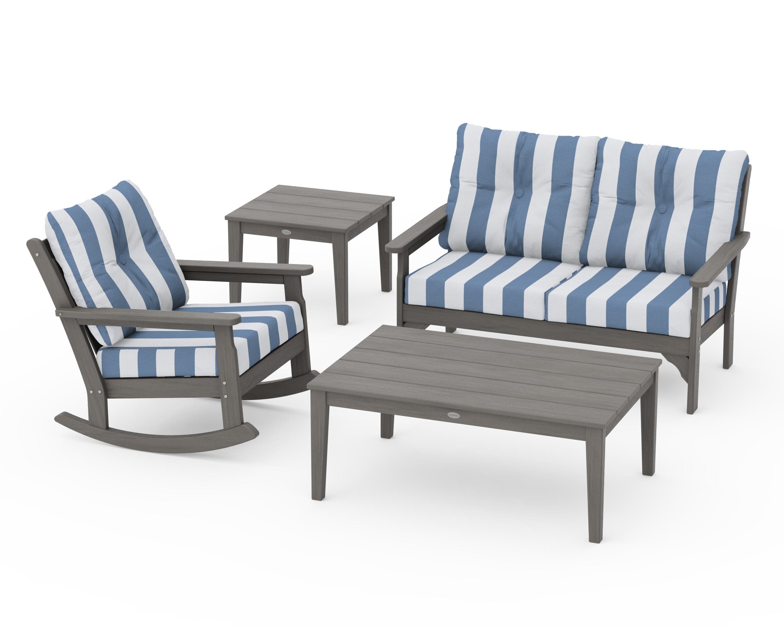 Vineyard 4-Piece Deep Seating Rocker Set in Driftwood / Cabana Stripe Sky Blue