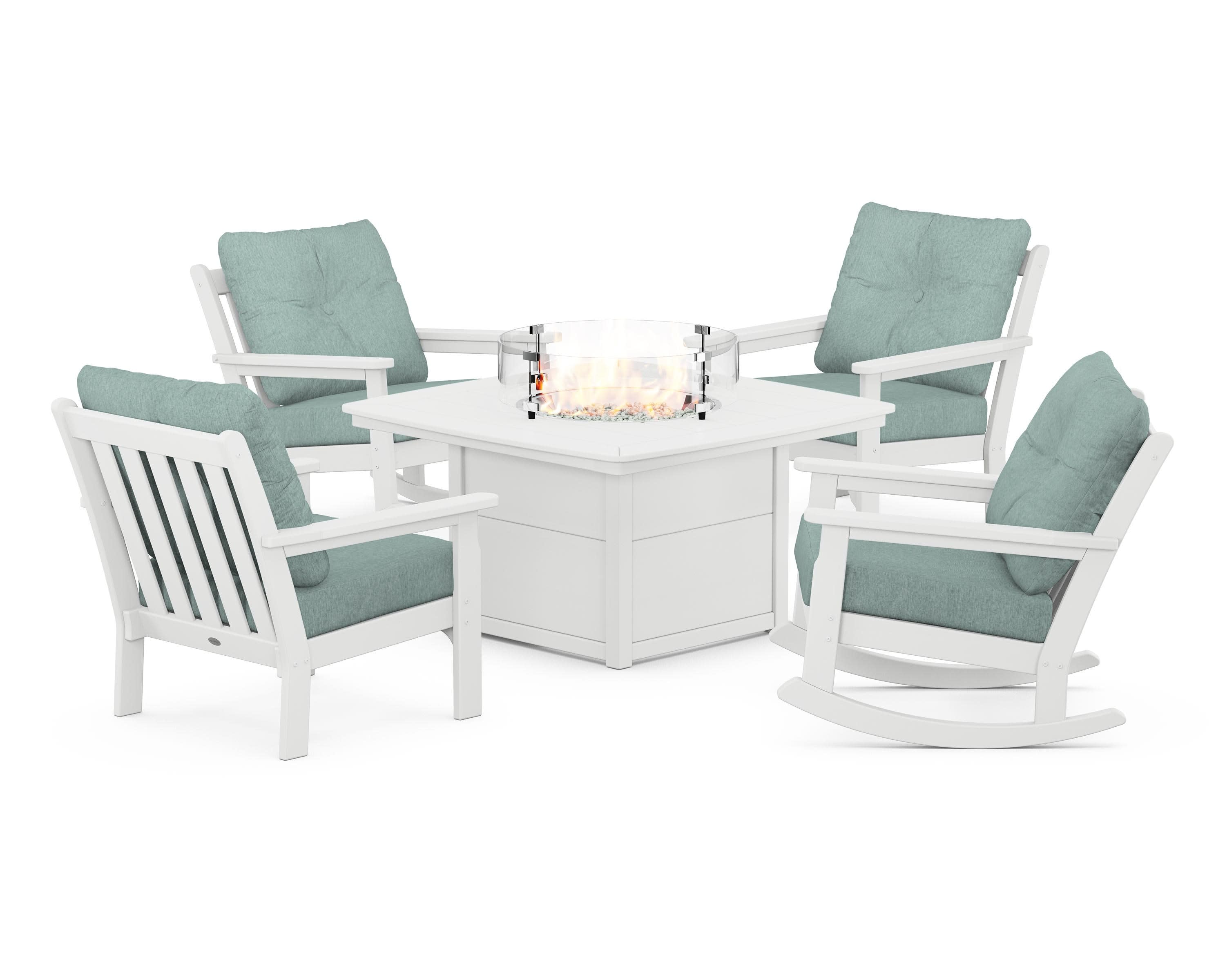 Vineyard 5-Piece Deep Seating Rocking Chair Conversation Set with Fire Pit Table in White / Glacier Spa